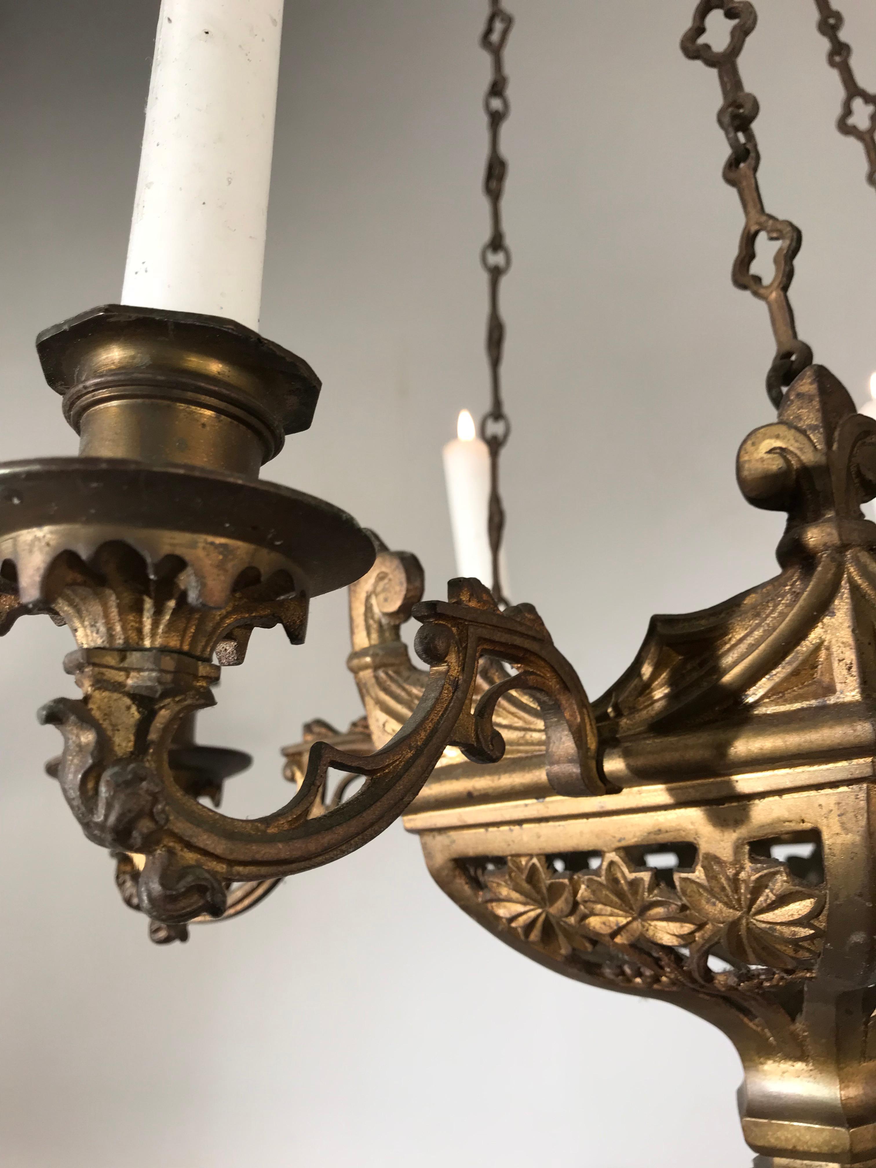 Rare Pair of Late 19th Century, Gilt and Gothic Revival Six Candle Chandeliers 4