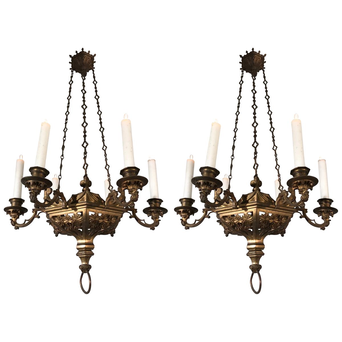 Rare Pair of Late 19th Century, Gilt and Gothic Revival Six Candle Chandeliers
