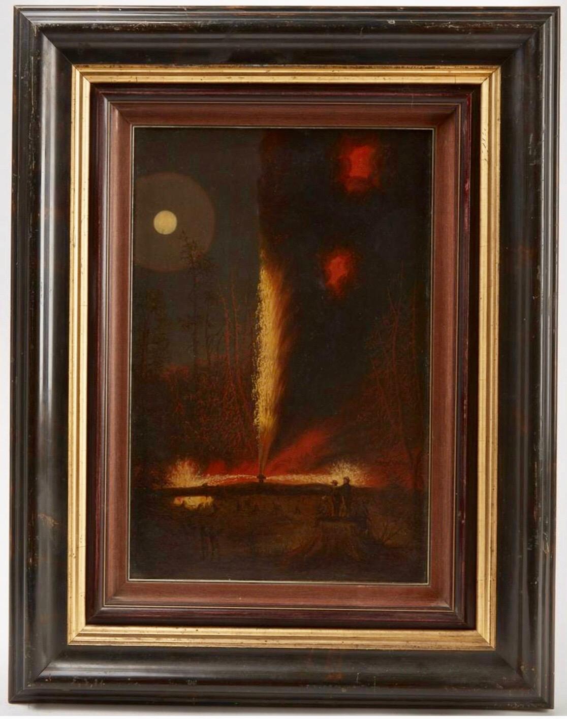 Very rare subject matter and early for paintings of the oil industry. Pair of Folk Art paintings of oil rigs, dated 1892. Oil on panel, signed L.A. Ho. Bassett and dated Jan, 1892 lower right. Black frame size: H 27-1/2