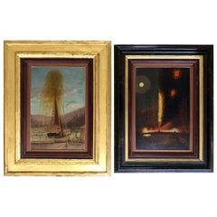 Antique Rare Pair of Late 19th Century Oil Well Derrick Signed Paintings