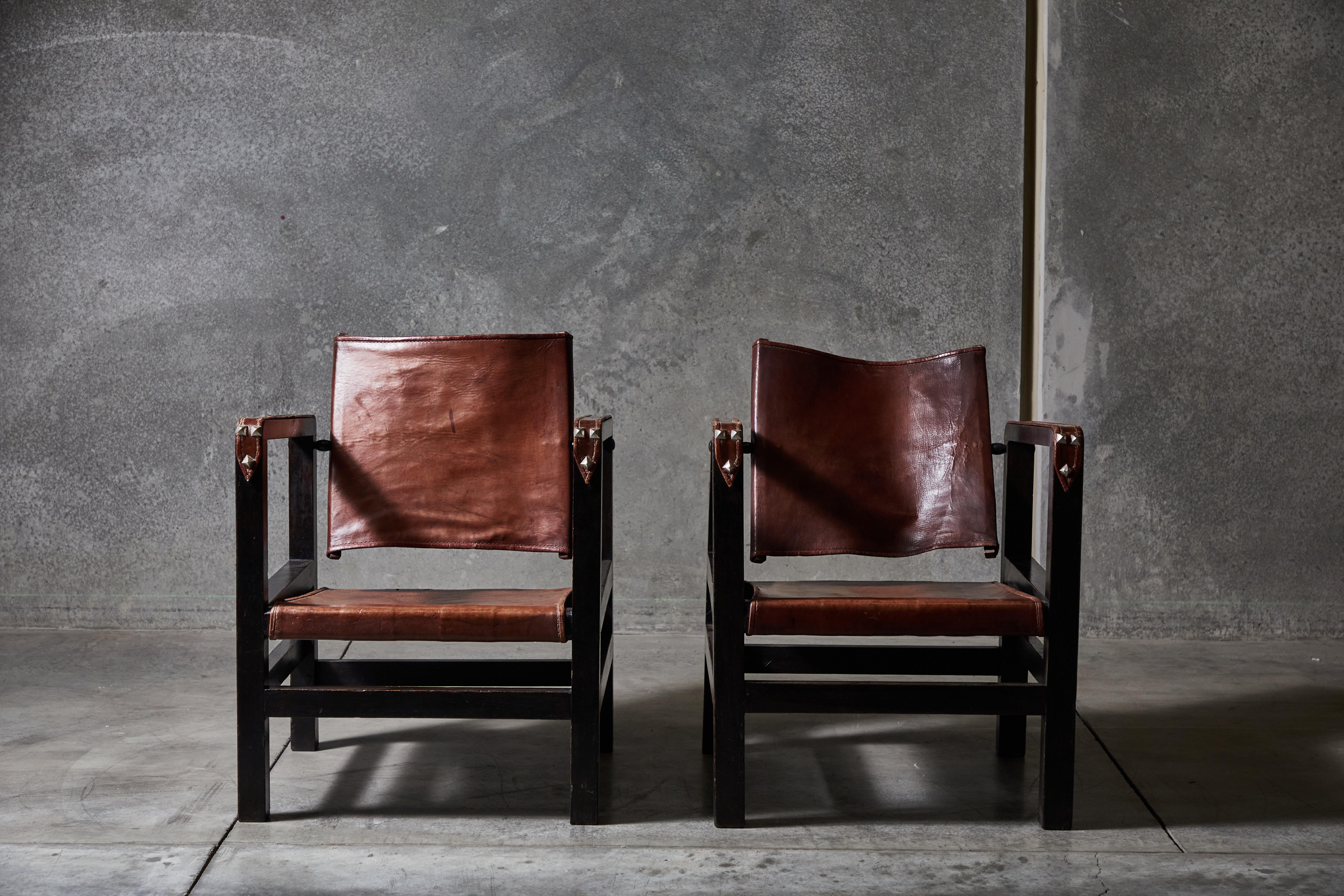 Mid-20th Century Rare Pair of Leather Armchairs by Adolphe Chanaux for Chanaux & Co.