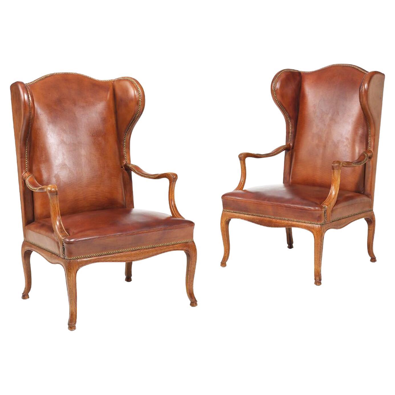 Rare Pair of Leather Bergere Chairs by Frits Henningsen, 1950s