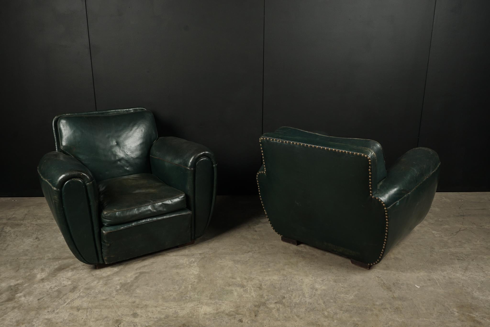 European Rare Pair of Leather Club Chairs from France, circa 1950