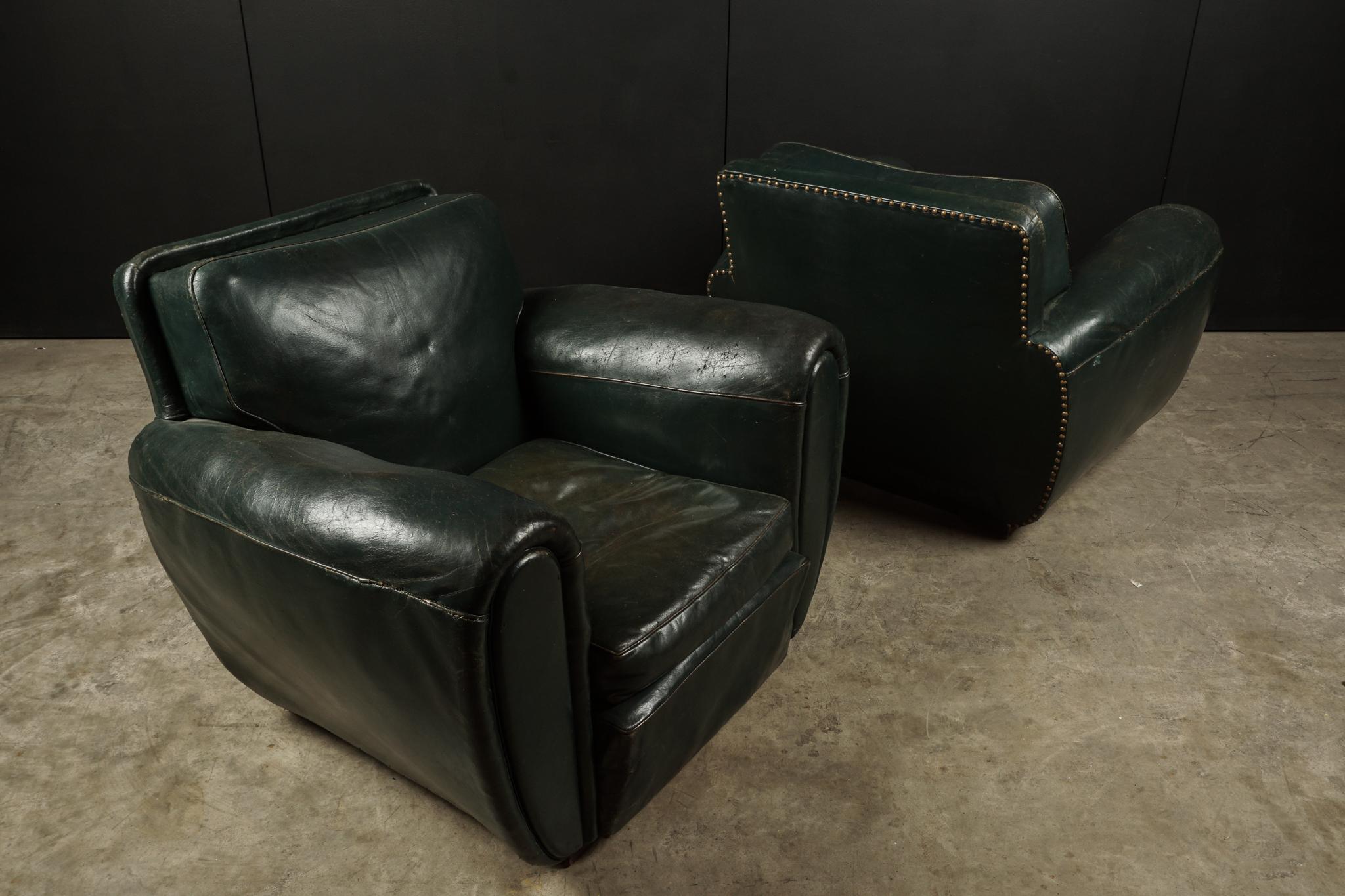 Rare Pair of Leather Club Chairs from France, circa 1950 In Good Condition In Nashville, TN