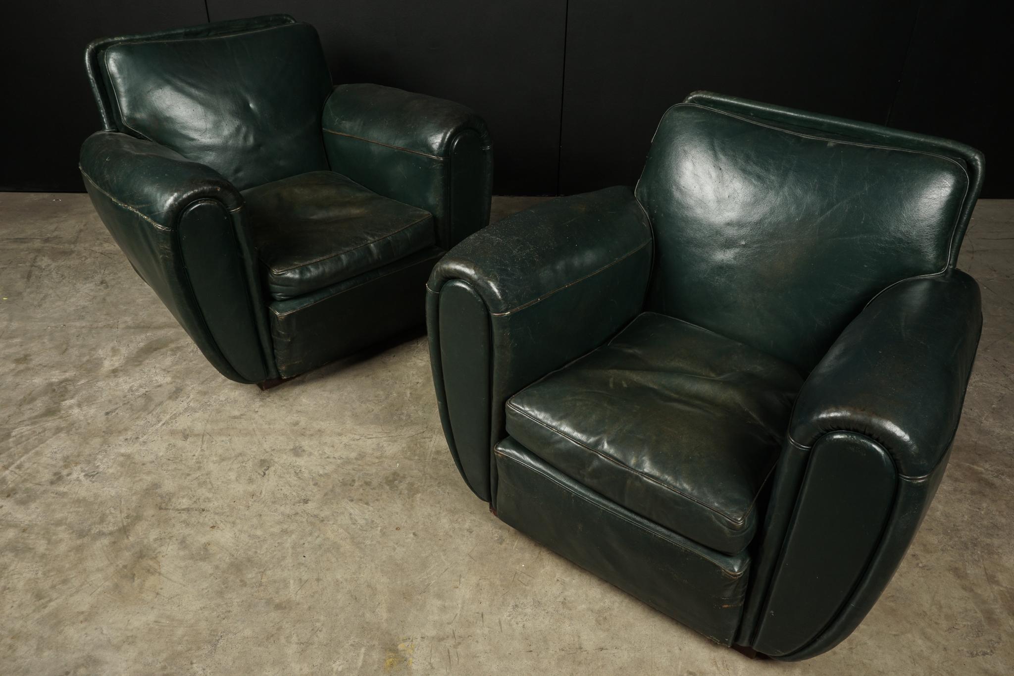 Rare Pair of Leather Club Chairs from France, circa 1950 2