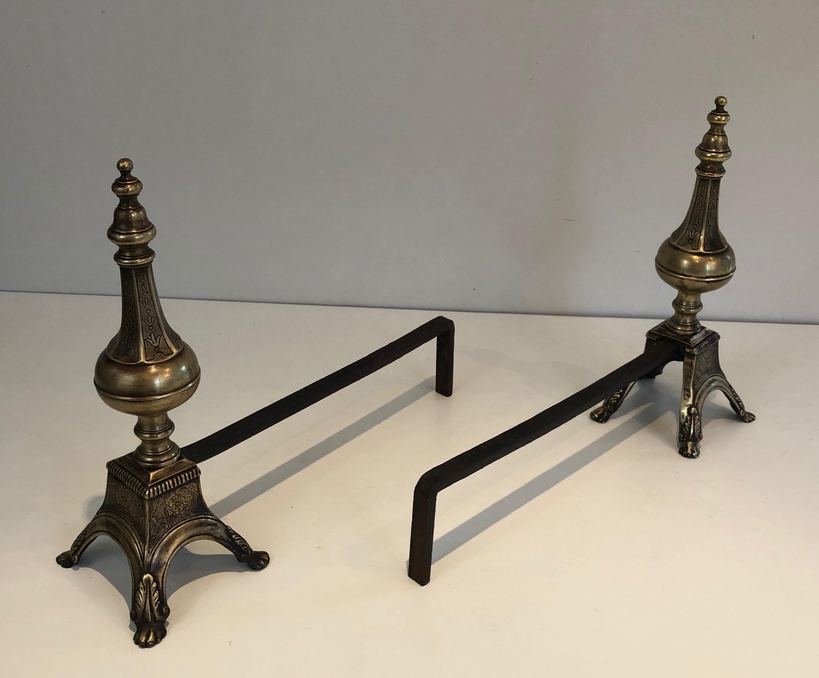 Rare Pair of Louis the 16th Style Bronze & Wrought Iron Andirons, 19th Century For Sale 6