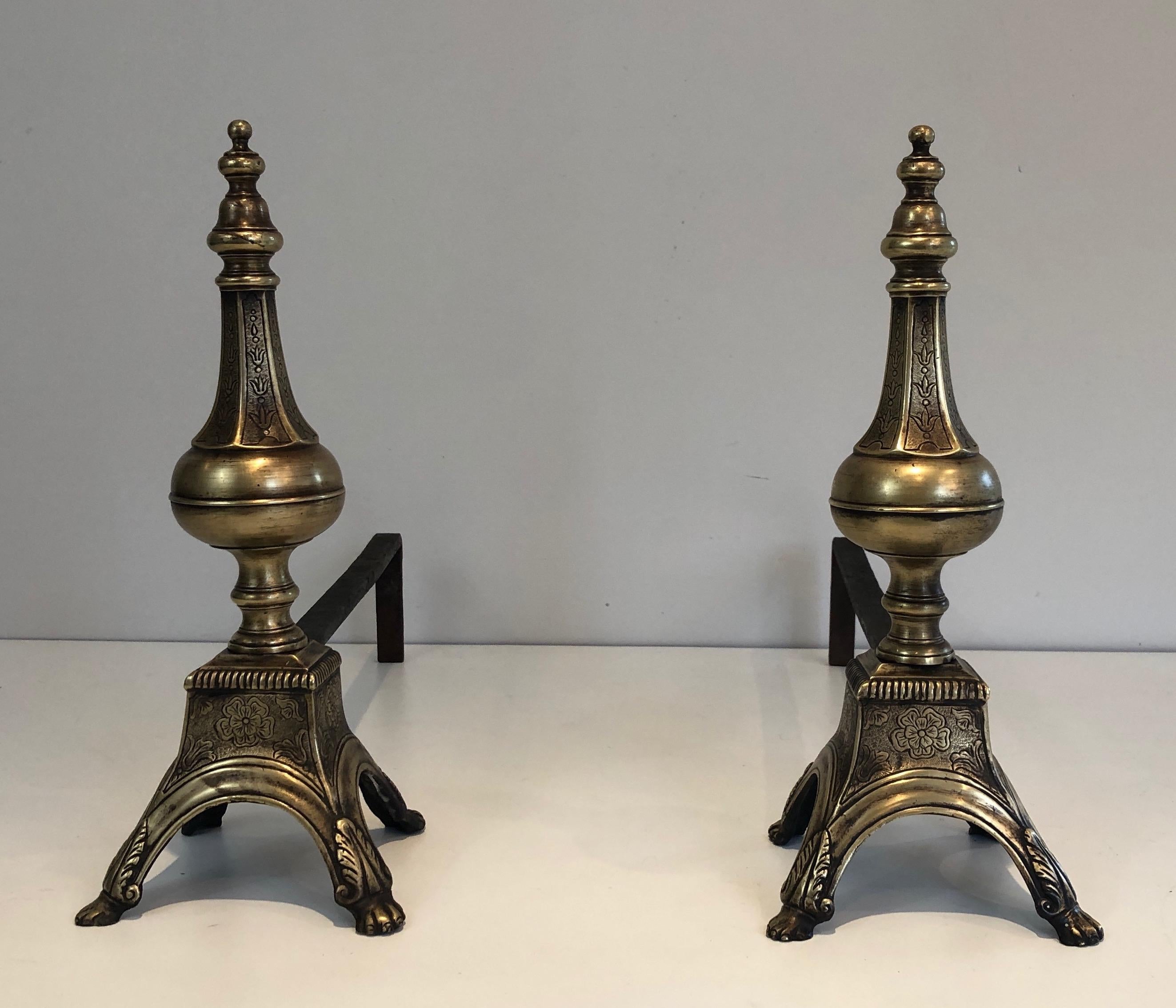 Rare Pair of Louis the 16th Style Bronze & Wrought Iron Andirons, 19th Century For Sale 7