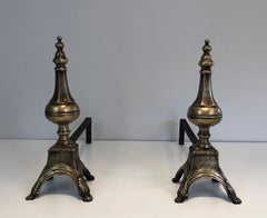 Rare Pair of Louis the 16th Style Bronze & Wrought Iron Andirons, 19th Century