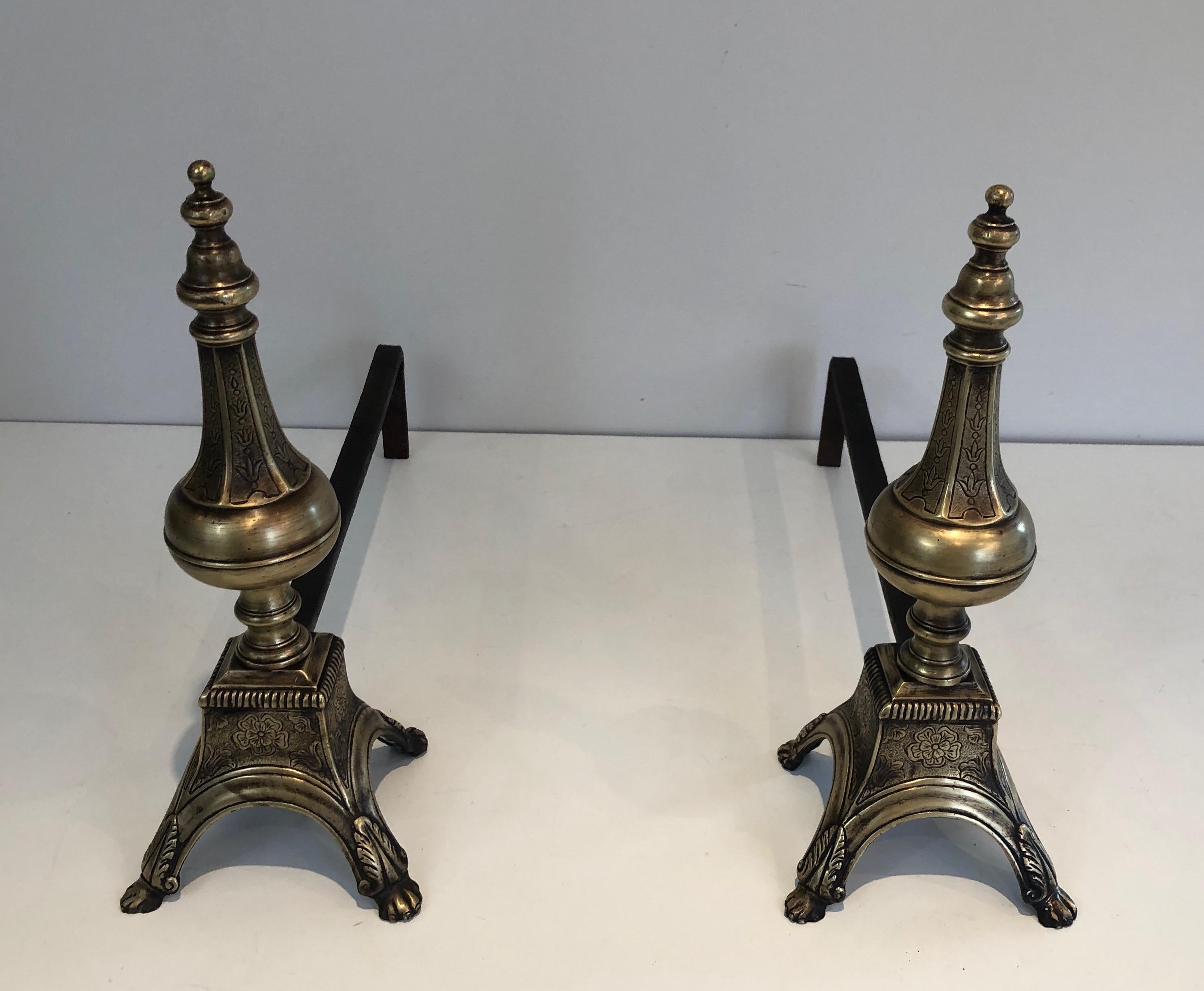 Louis XVI Rare Pair of Louis the 16th Style Bronze & Wrought Iron Andirons, 19th Century For Sale