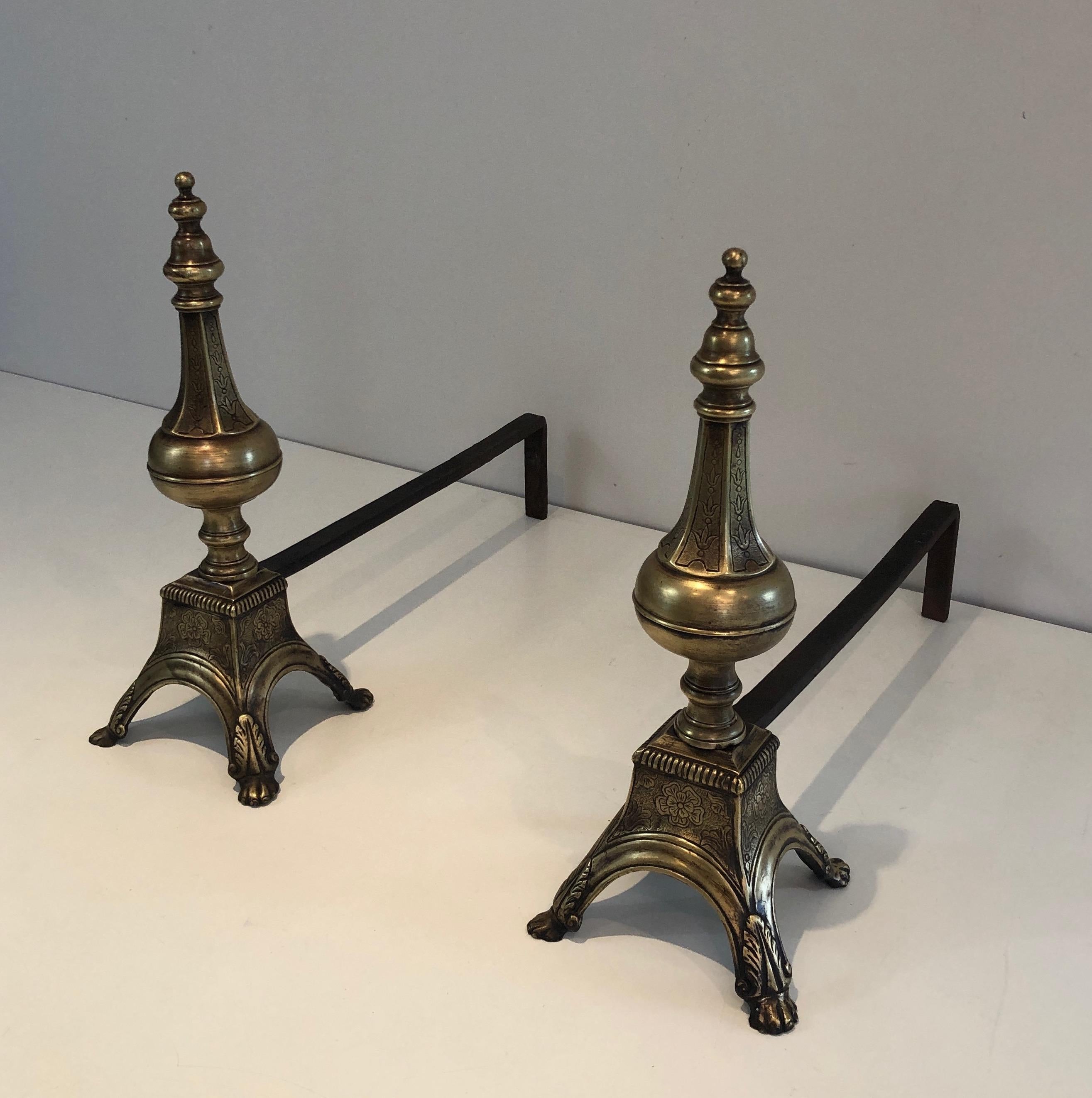 French Rare Pair of Louis the 16th Style Bronze & Wrought Iron Andirons, 19th Century For Sale