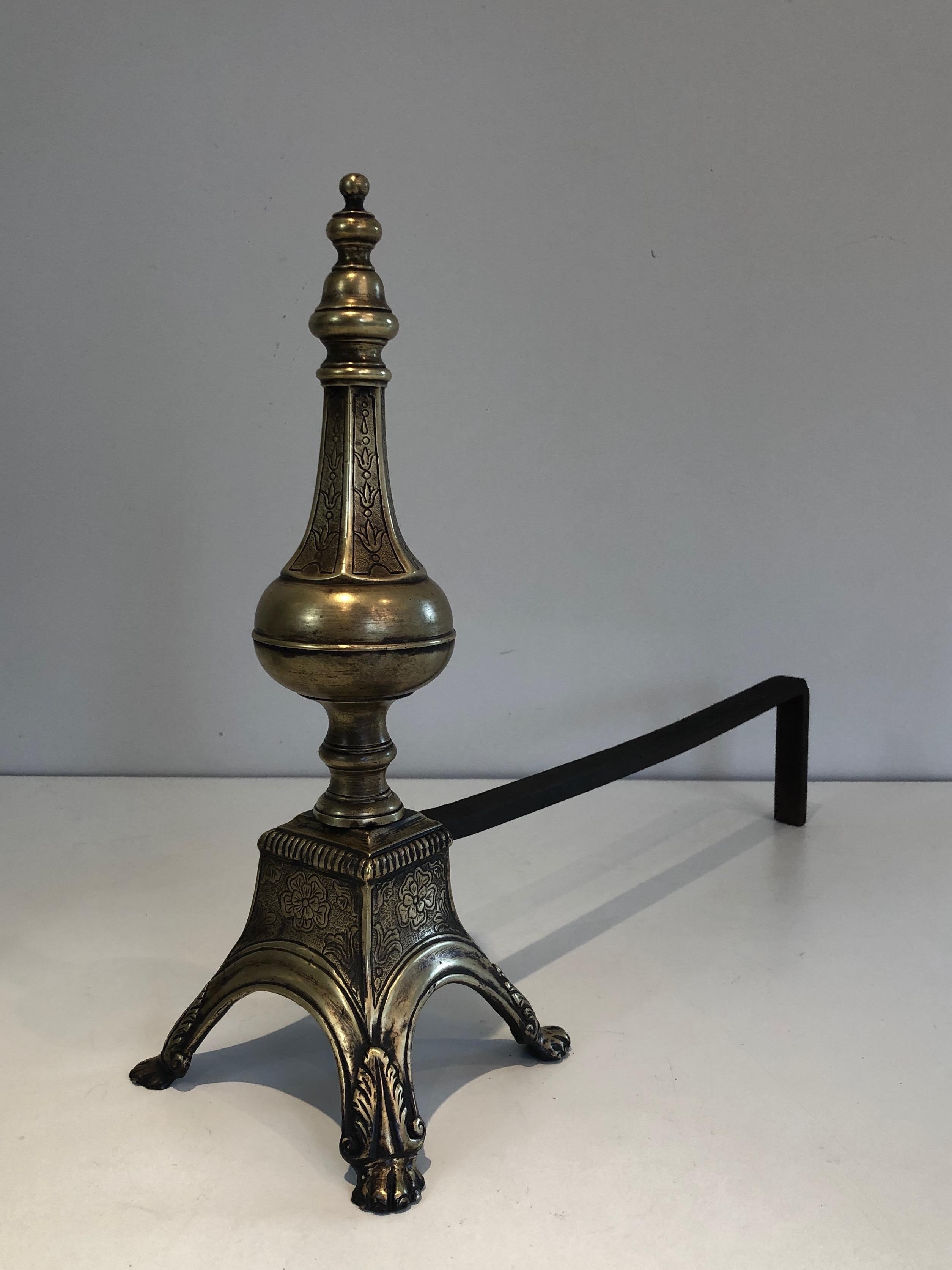 Mid-19th Century Rare Pair of Louis the 16th Style Bronze & Wrought Iron Andirons, 19th Century For Sale