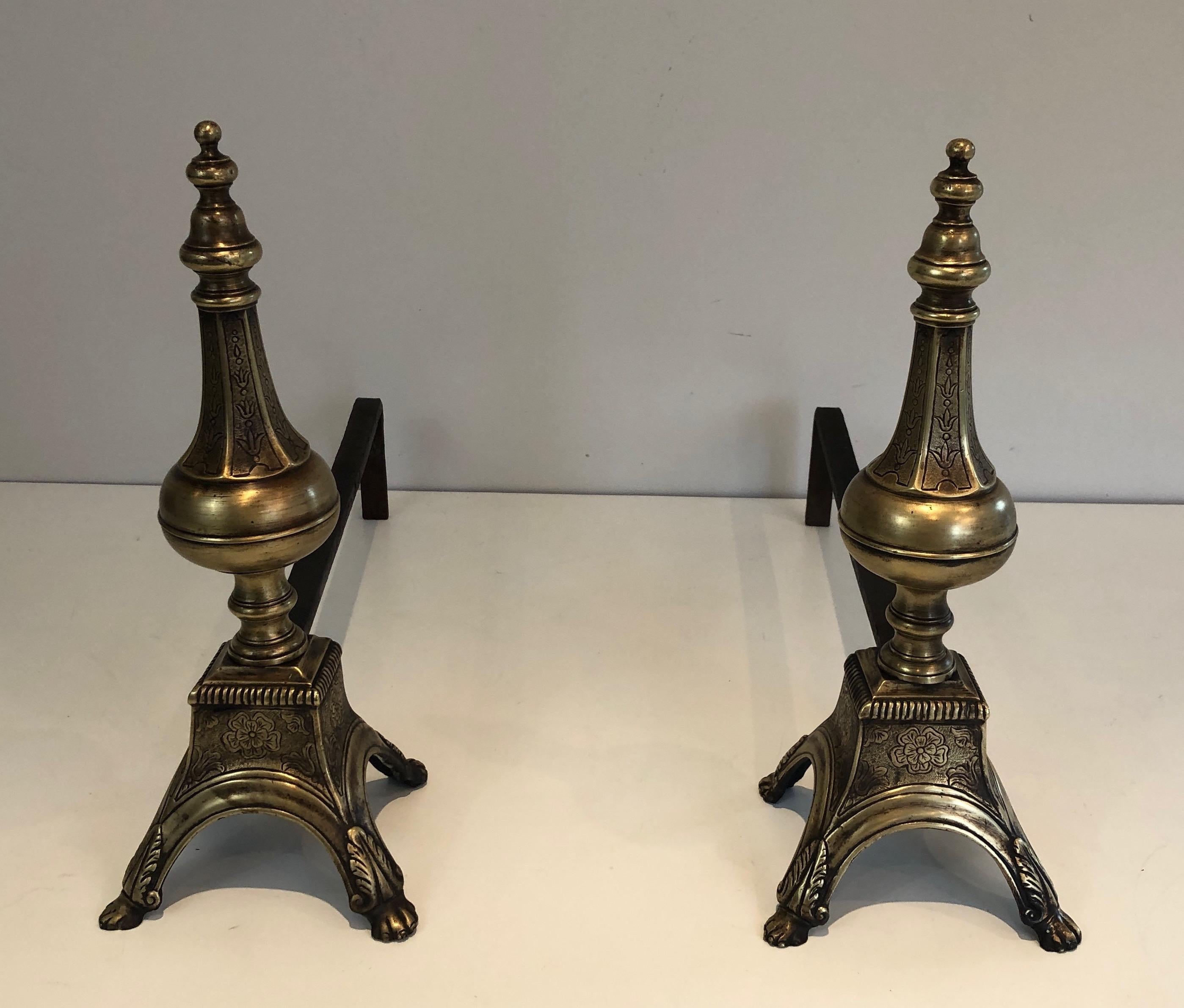 Rare Pair of Louis the 16th Style Bronze & Wrought Iron Andirons, 19th Century For Sale 3