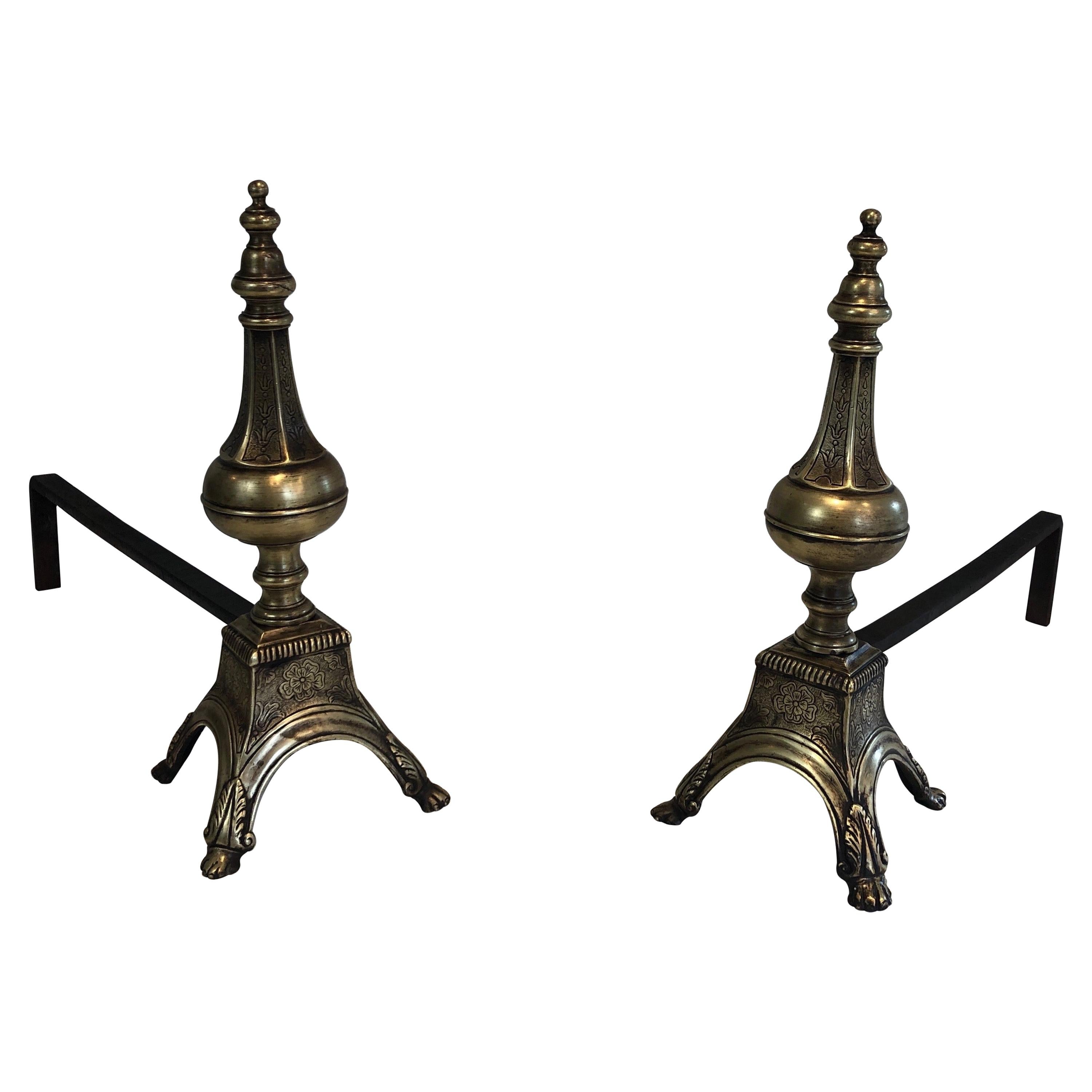 Rare Pair of Louis the 16th Style Bronze & Wrought Iron Andirons, 19th Century For Sale