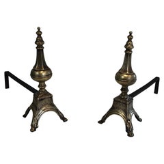 Antique Rare Pair of Louis the 16th Style Bronze & Wrought Iron Andirons, 19th Century