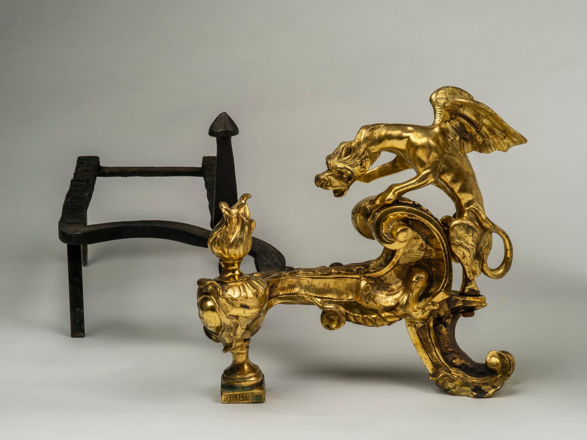 Rare Pair of Louis XIV Gilt Bronze Andirons 'Chenets' In Good Condition For Sale In Kittery Point, ME