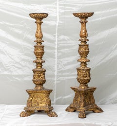 Rare Pair of Louis XIV Period Gilt Wood Carved CandleSticks