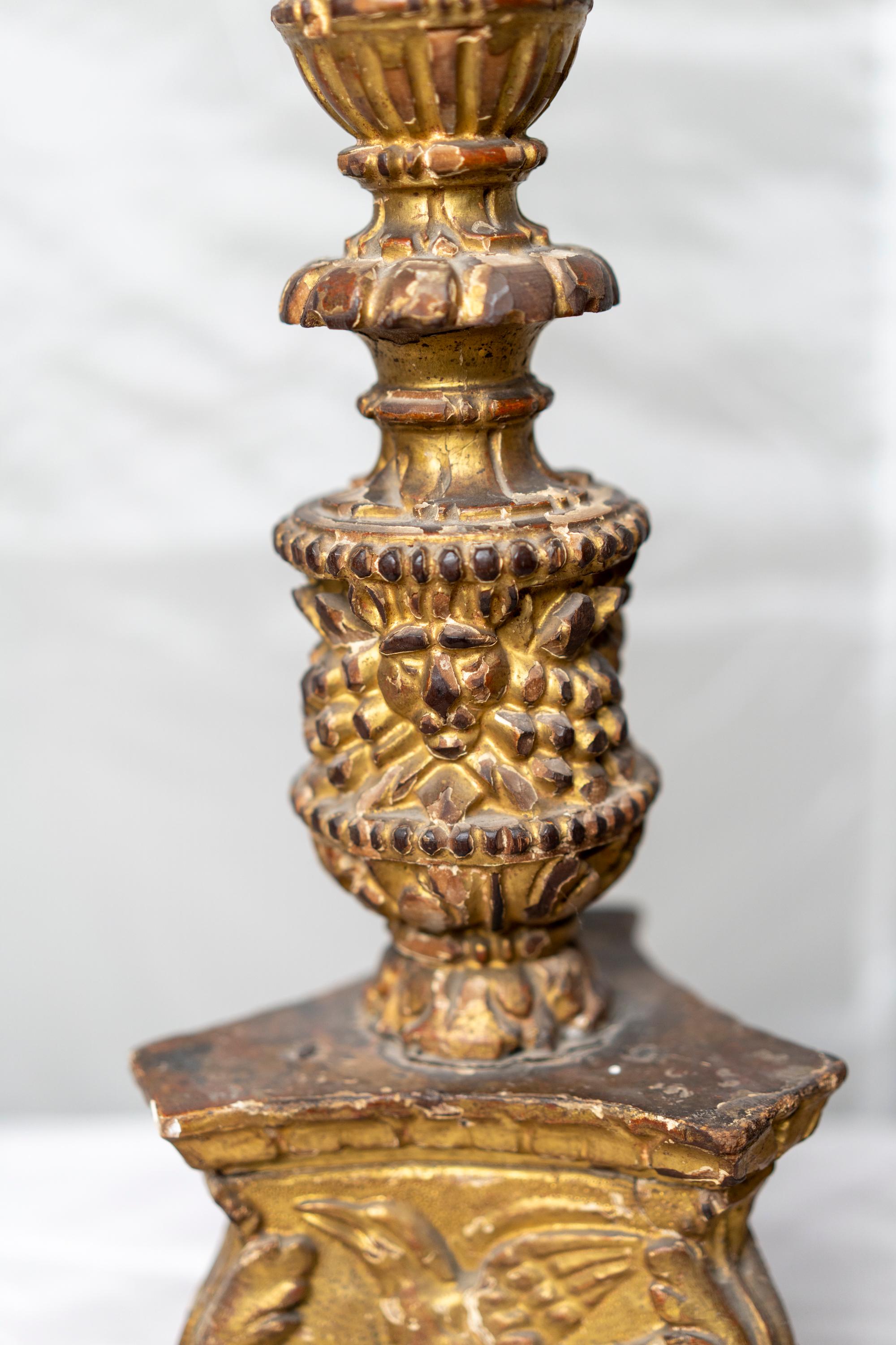 Rare Pair of Louis XIV Period Gilt Wood Carved CandleSticks In Good Condition In Montreal, QC