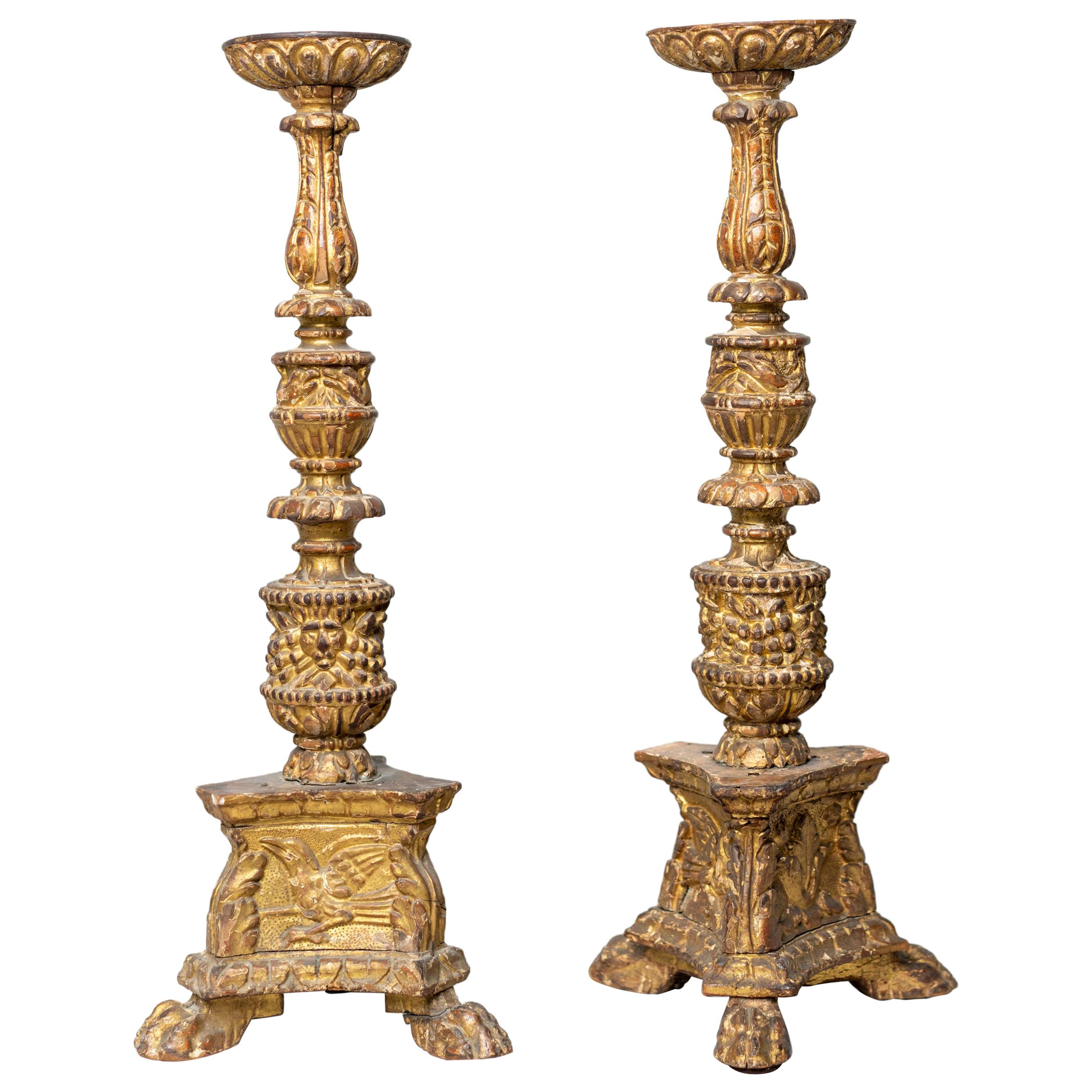 Rare Pair of Louis XIV Period Gilt Wood Carved CandleSticks