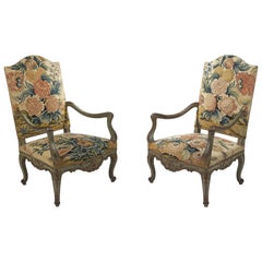 Rare Pair of Louis XV Walnut Fauteuils with Original 18th Century Needlework