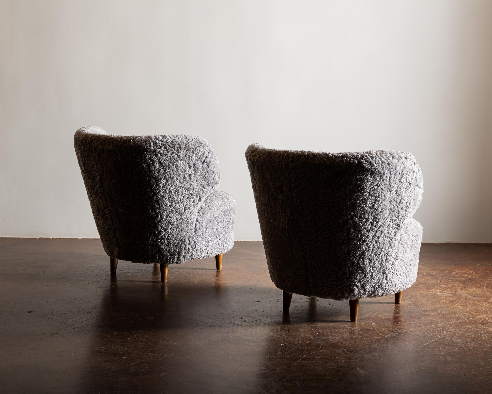 Scandinavian Modern Rare Pair of Lounge Chairs by Carl-Johan Boman in Grey Sheepskin, Finland, 1940