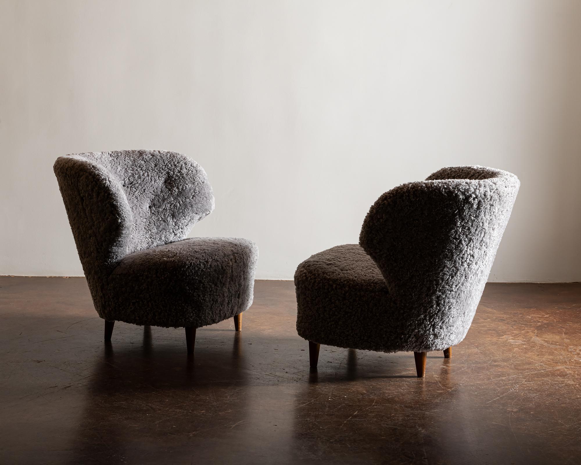 Swedish Rare Pair of Lounge Chairs by Carl-Johan Boman in Grey Sheepskin, Finland, 1940