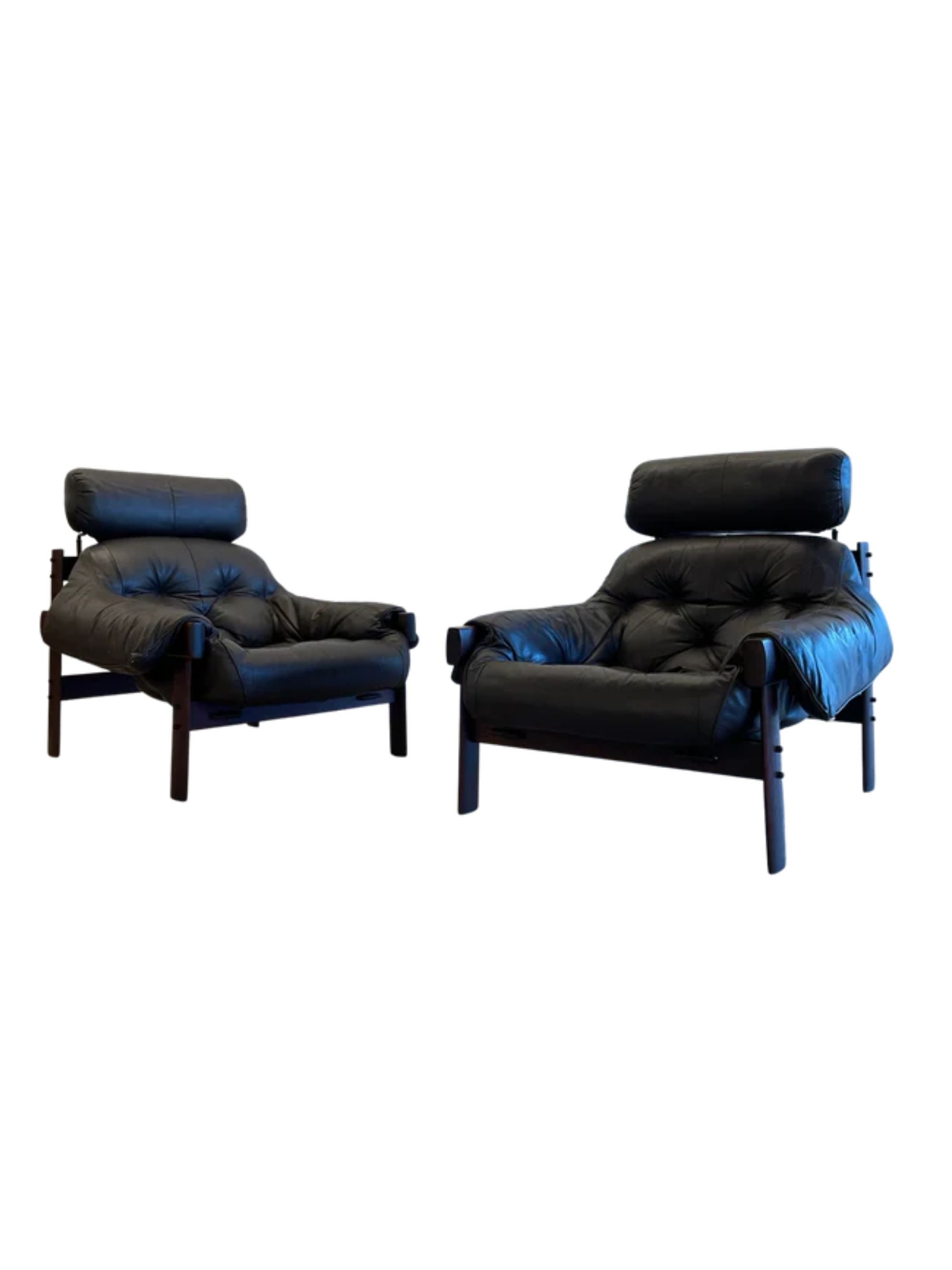 Rare Pair of Lounge Chairs in Leather and Jacaronda by Percival Lafer, 1970s