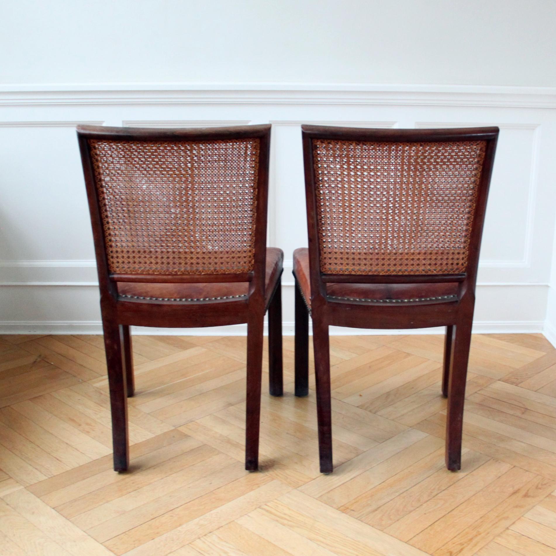 Scandinavian Modern Rare pair of Mahogany, Niger Leather and Woven Cane Chairs, Denmark 1930s For Sale