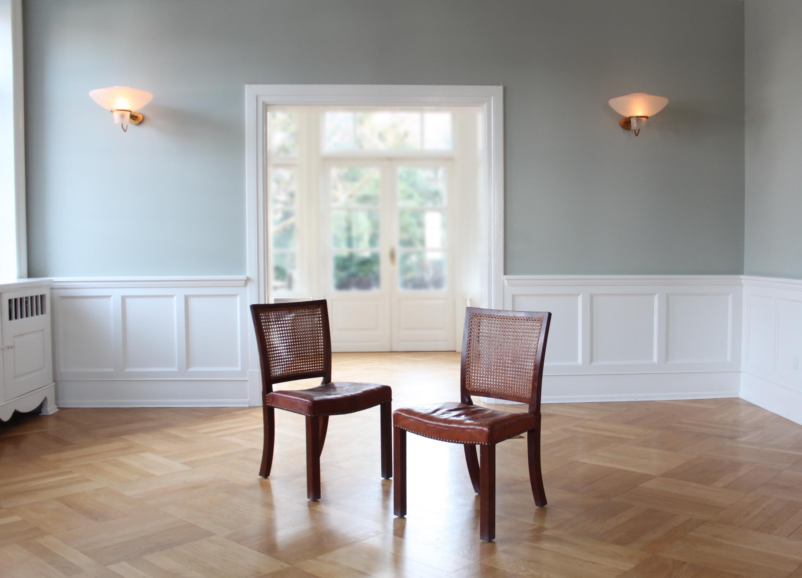 20th Century Rare pair of Mahogany, Niger Leather and Woven Cane Chairs, Denmark 1930s For Sale