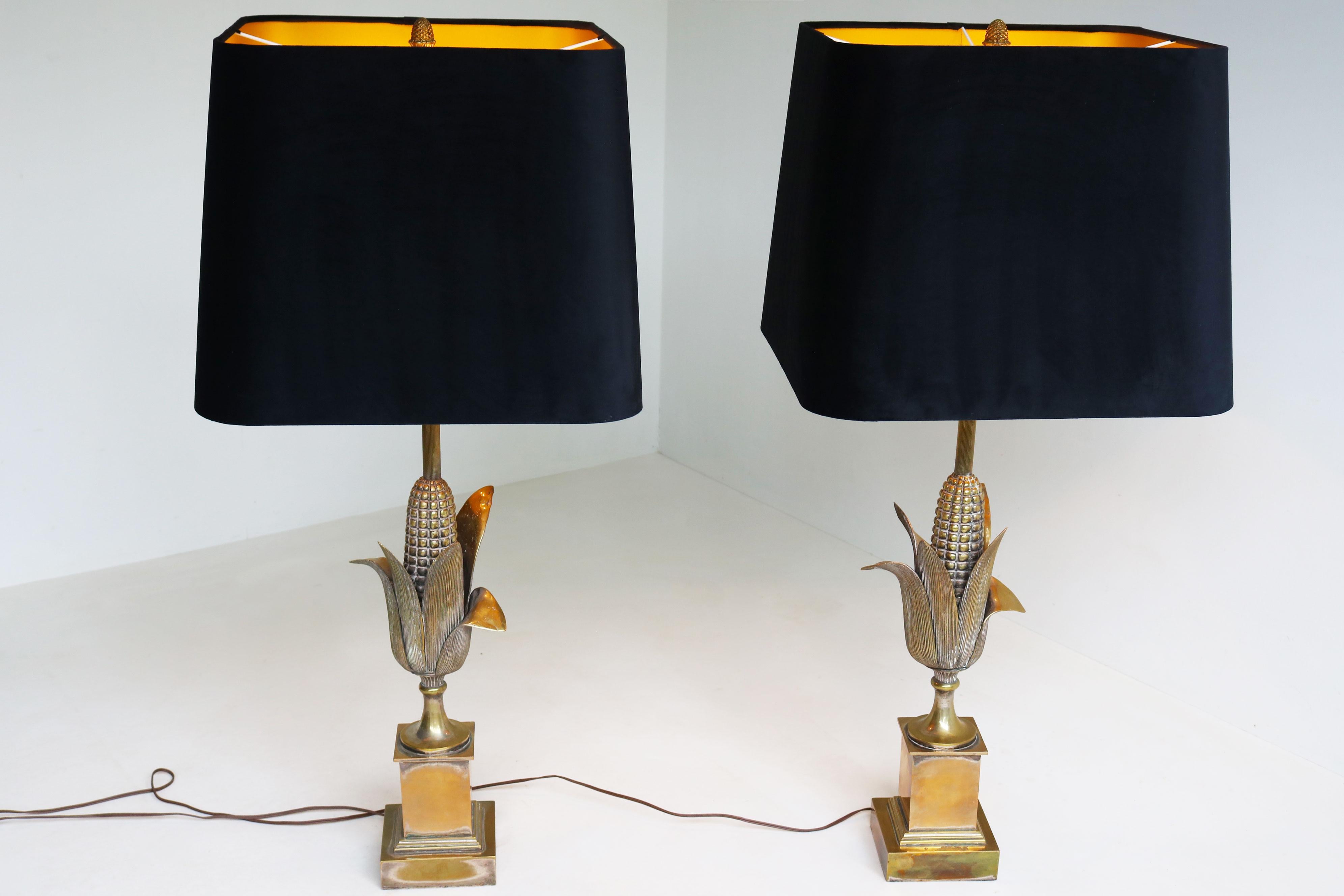 Seltenes Paar von Maison Charles ''Corn'' Tischlampen 1950 Frankreich Regency Bronze im Angebot 3