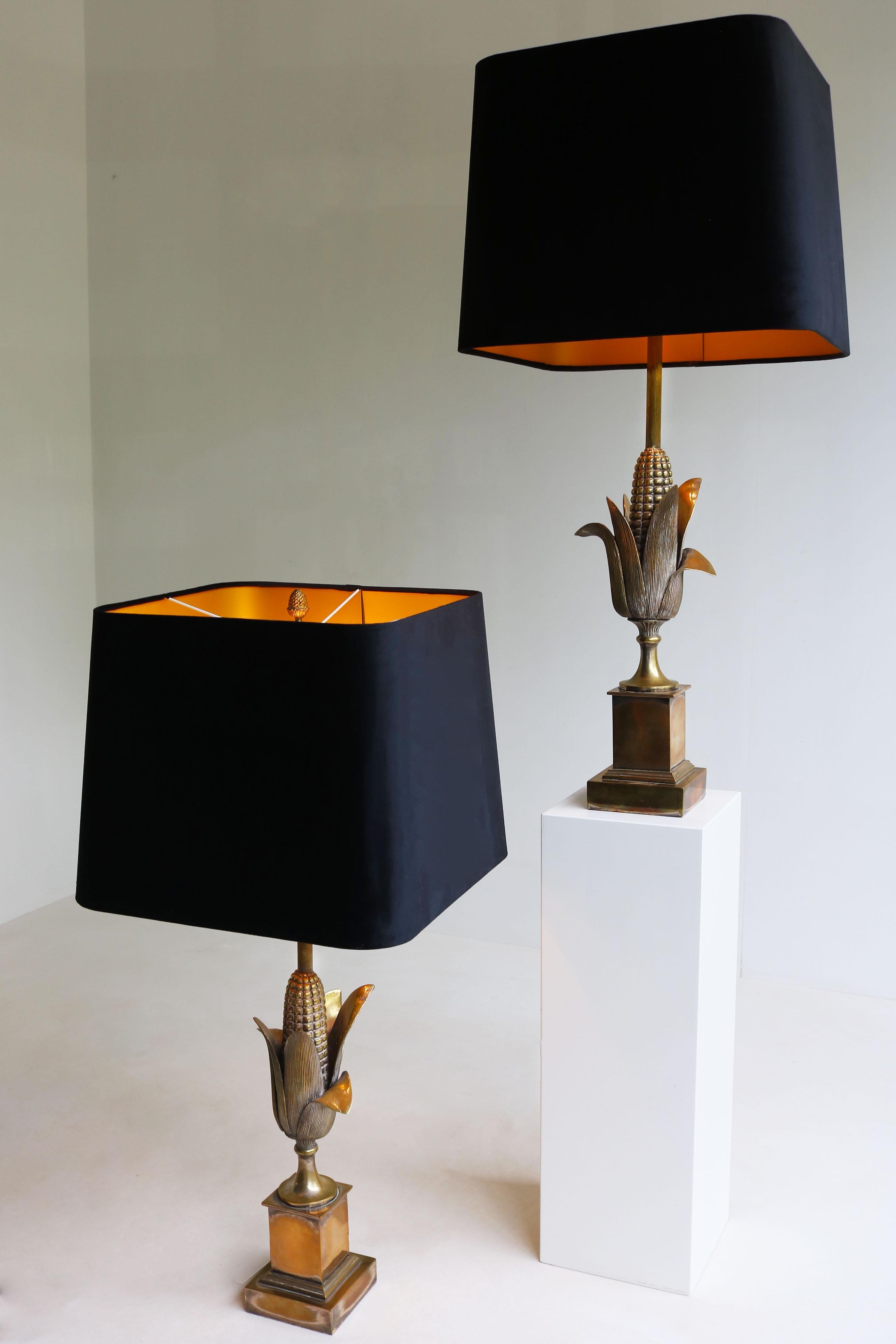 Seltenes Paar von Maison Charles ''Corn'' Tischlampen 1950 Frankreich Regency Bronze im Angebot 4