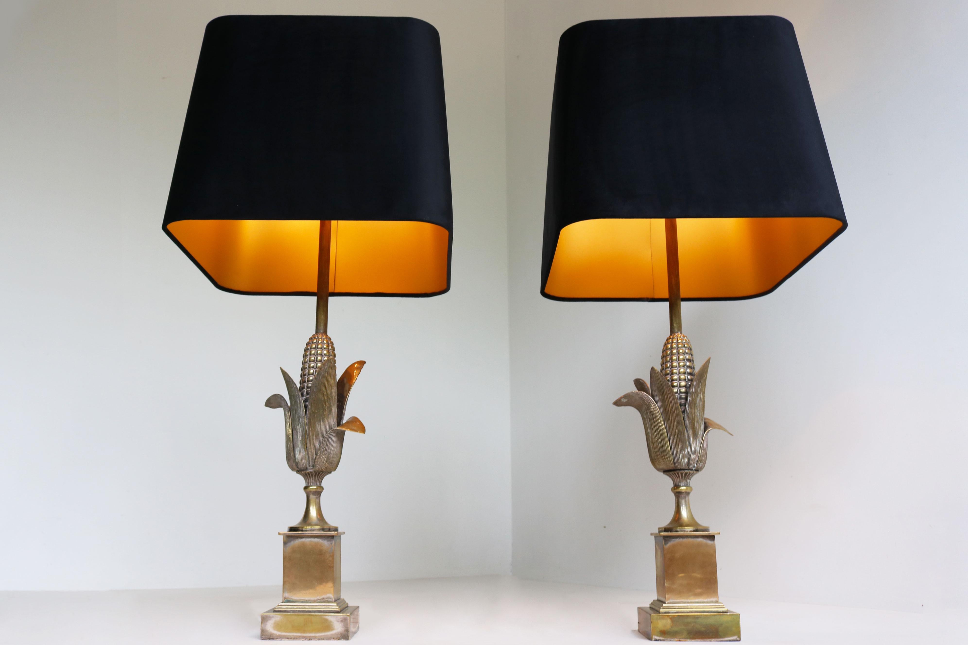 Seltenes Paar von Maison Charles ''Corn'' Tischlampen 1950 Frankreich Regency Bronze (Hollywood Regency) im Angebot