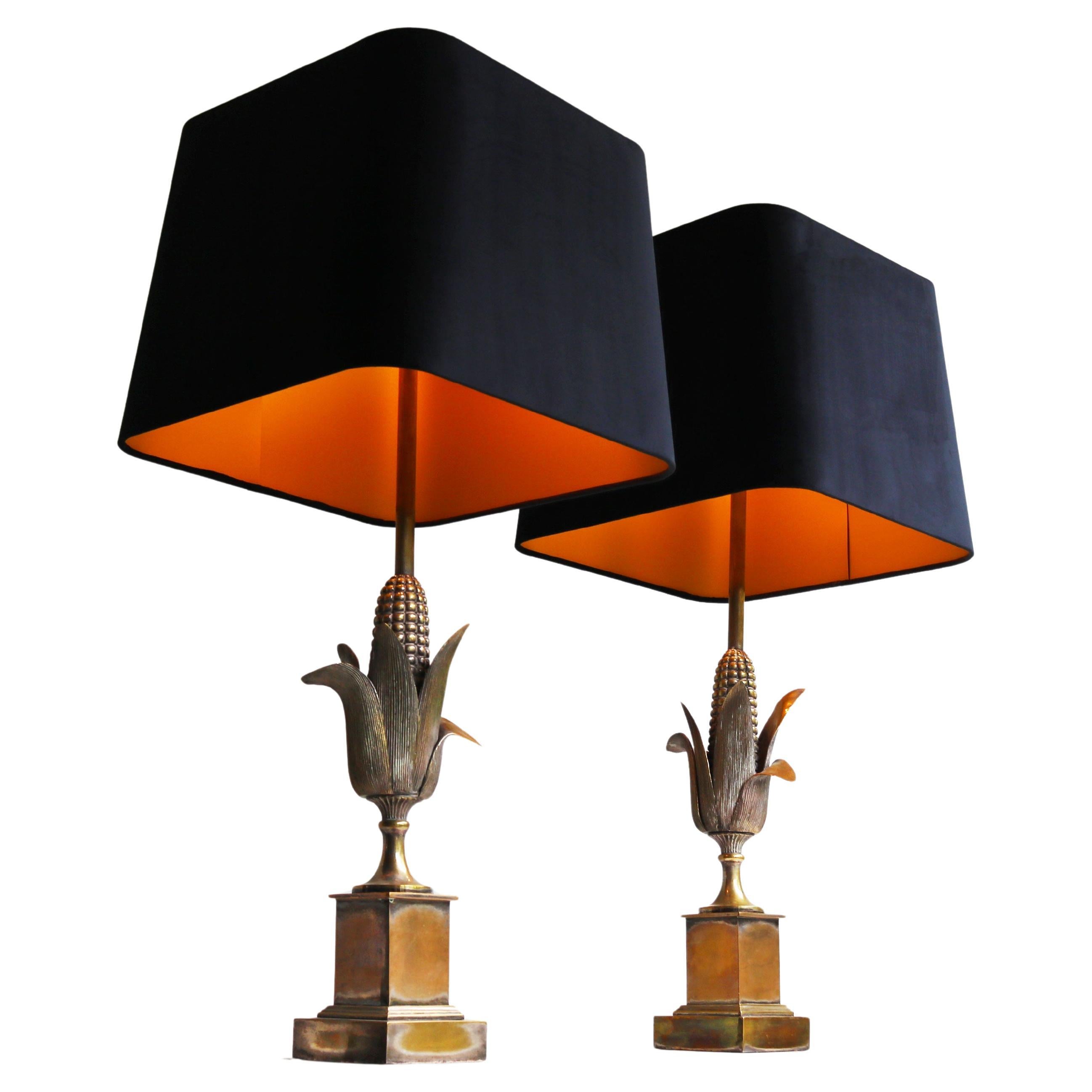 Seltenes Paar von Maison Charles ''Corn'' Tischlampen 1950 Frankreich Regency Bronze im Angebot