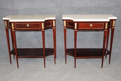Rare Pair of Maison Jansen Attributed Carrara Marble Top Mahogany Console Tables