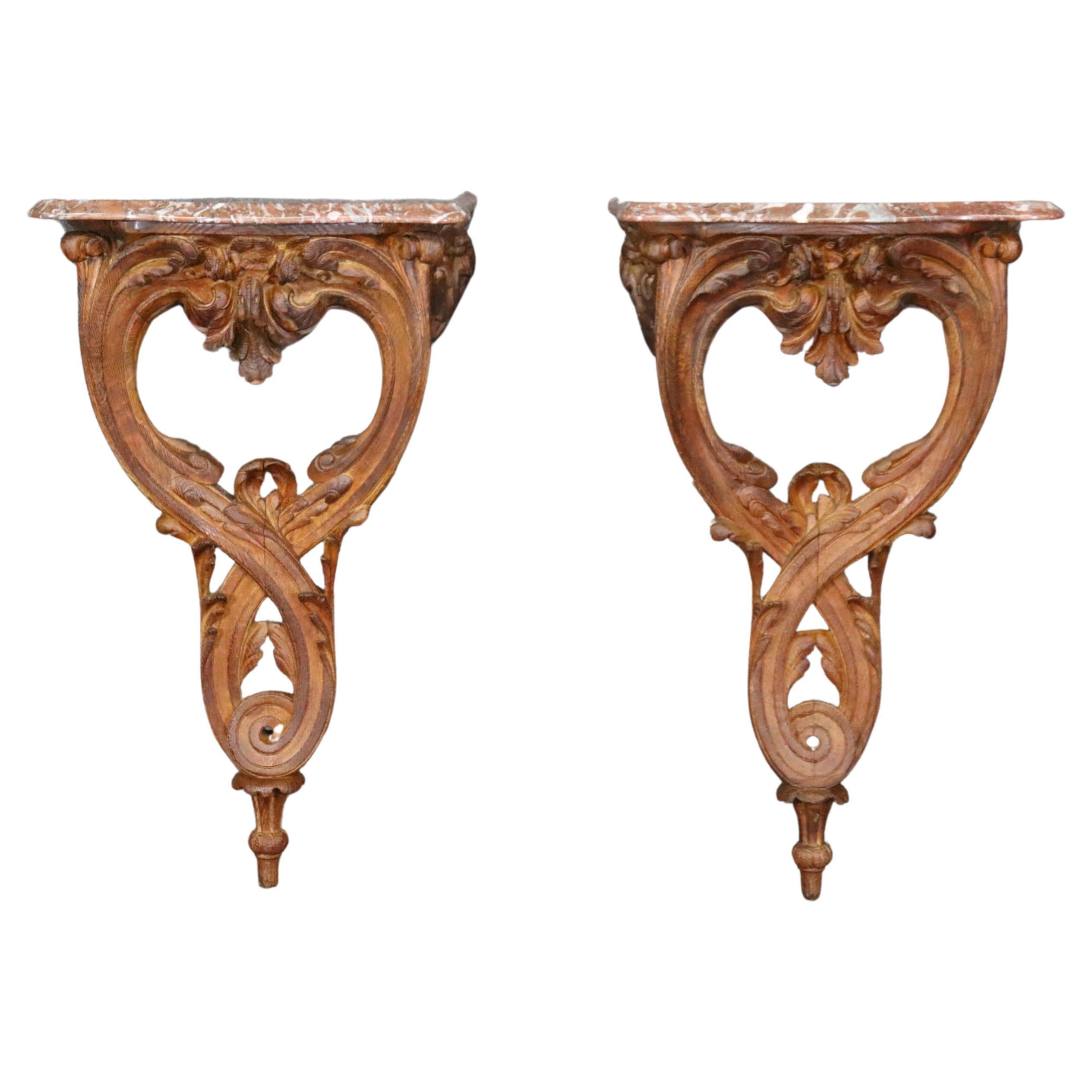 Rare Pair of Maison Jansen Louis XV Style Marble Top Wall Hanging Consoles For Sale