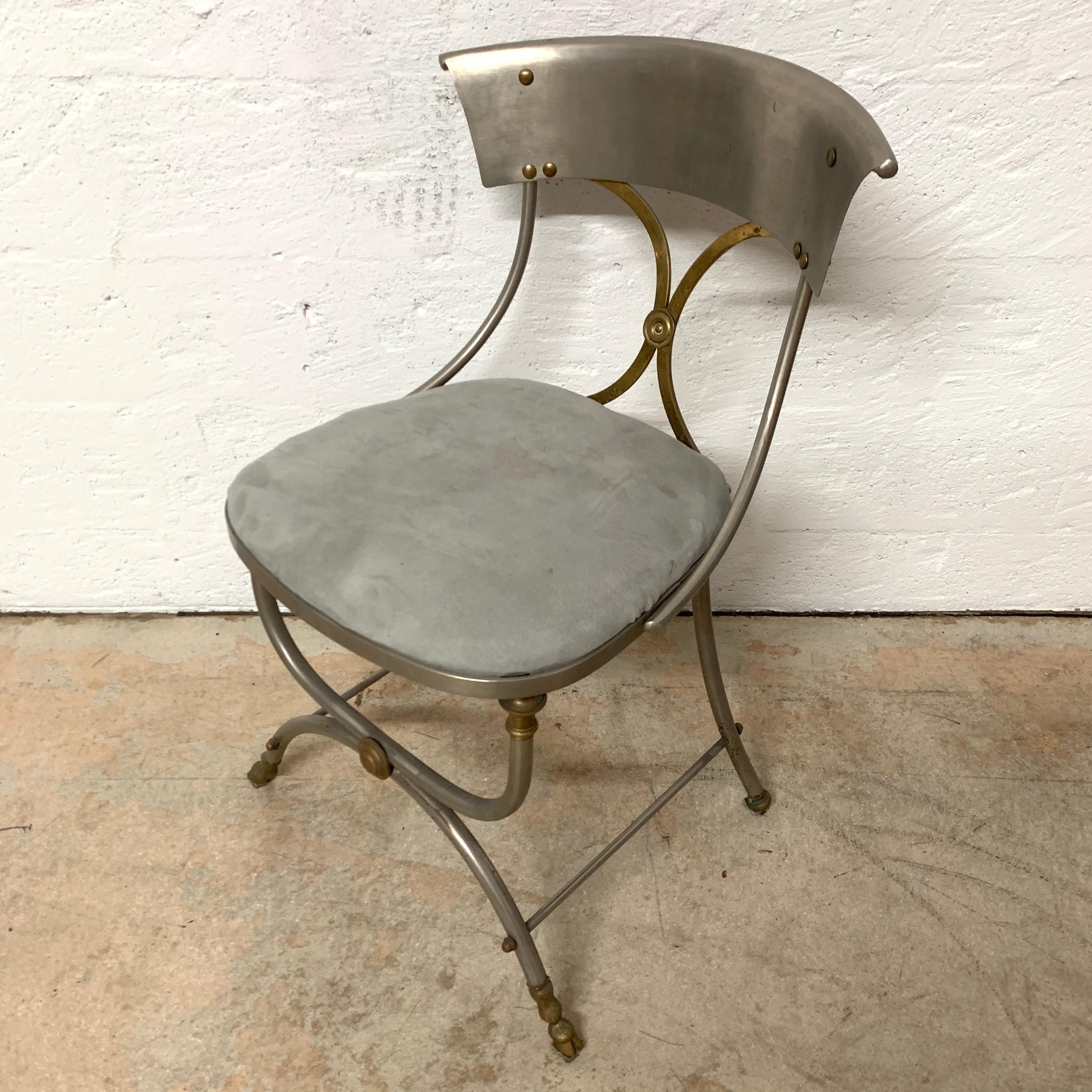 Rare Pair of Maison Jansen Steel and Brass Bronze Directoire Dining Side Chairs In Good Condition In Miami, FL