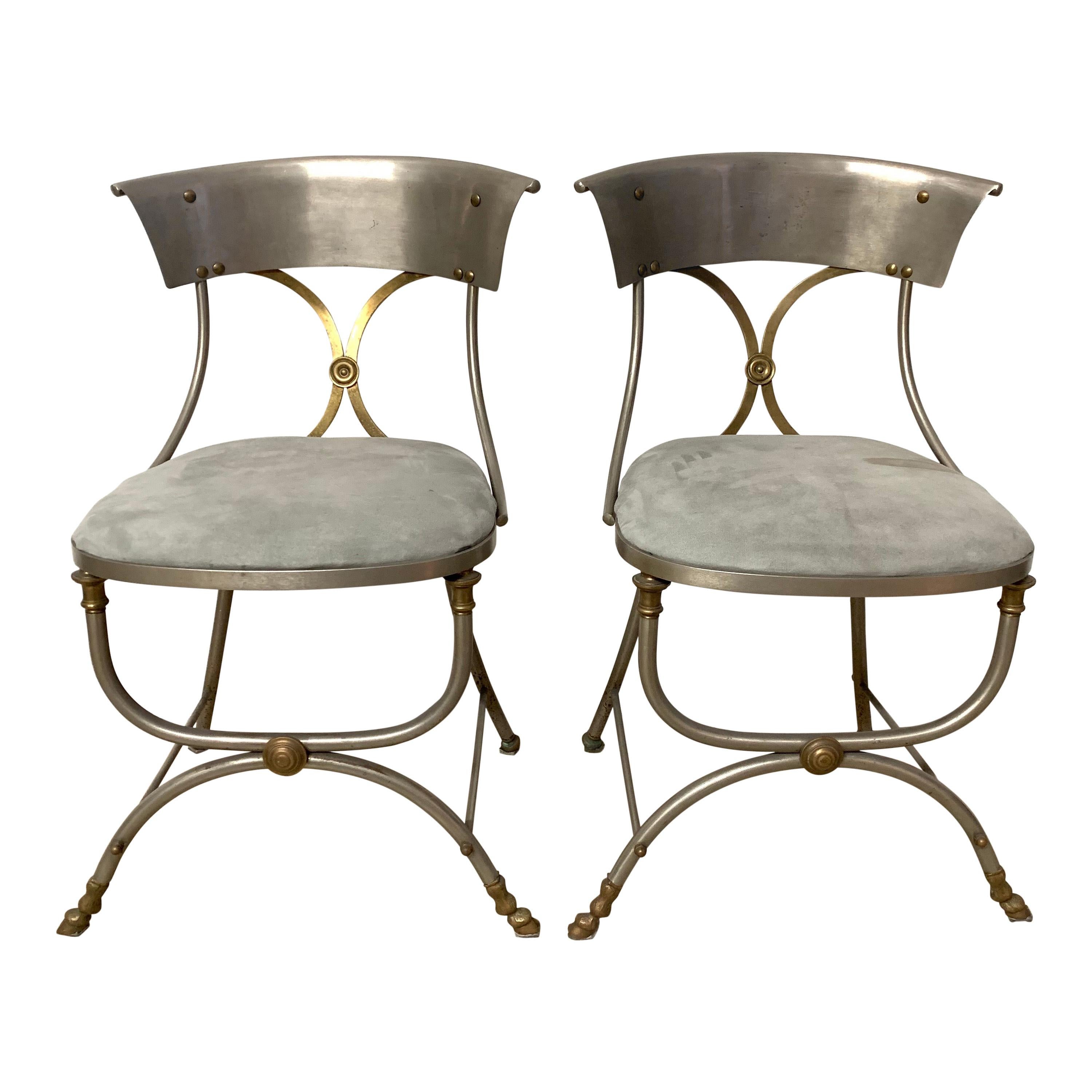 Rare Pair of Maison Jansen Steel and Brass Bronze Directoire Dining Side Chairs