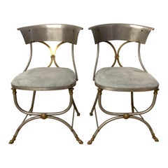 Rare Pair of Maison Jansen Steel and Brass Bronze Directoire Dining Side Chairs