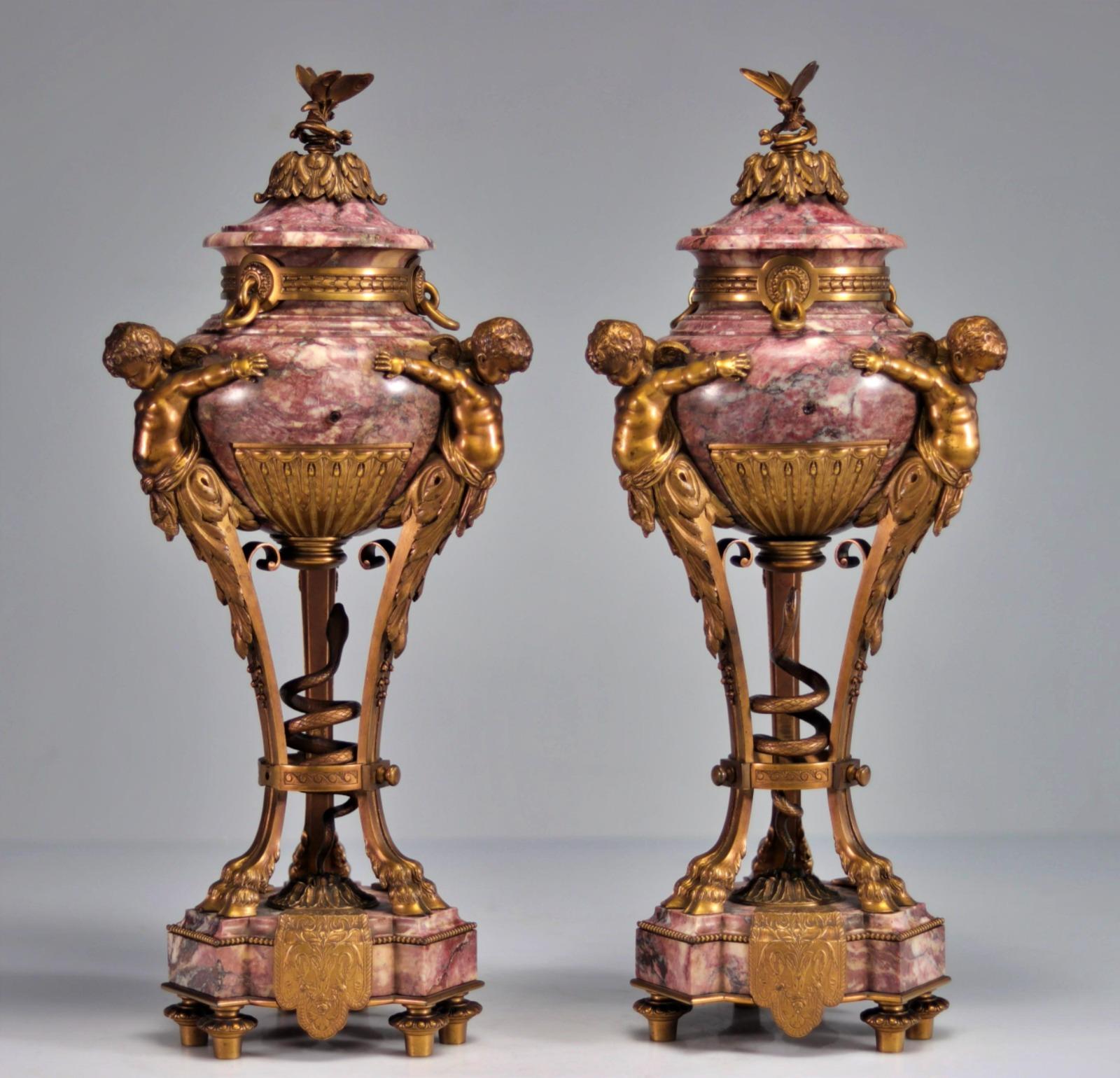 Rare Pair of Marble and Gilt Bronze Cassolettes 19th Century 1