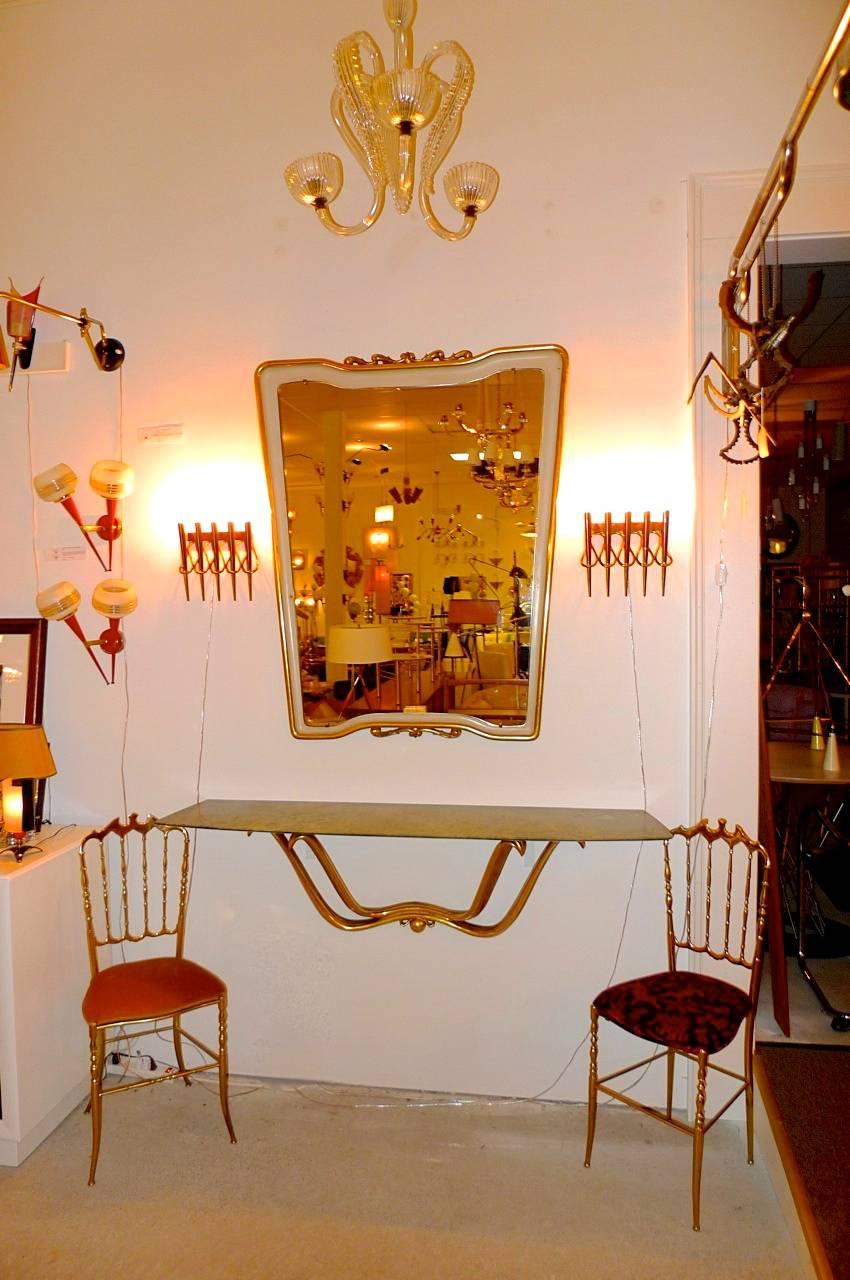 Italian Pair Osvaldo Borsani Wall Mirrors with Floating Marble & Giltwood Consoles For Sale