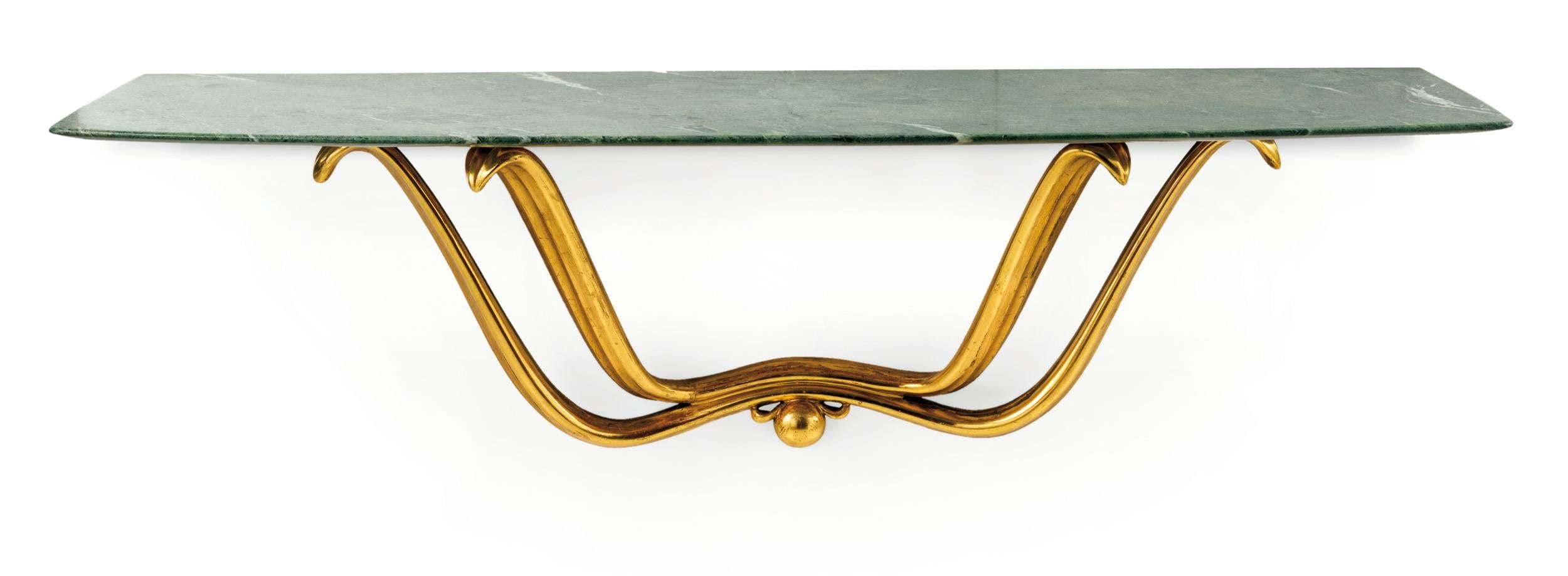 Burnished Pair Osvaldo Borsani Wall Mirrors with Floating Marble & Giltwood Consoles For Sale