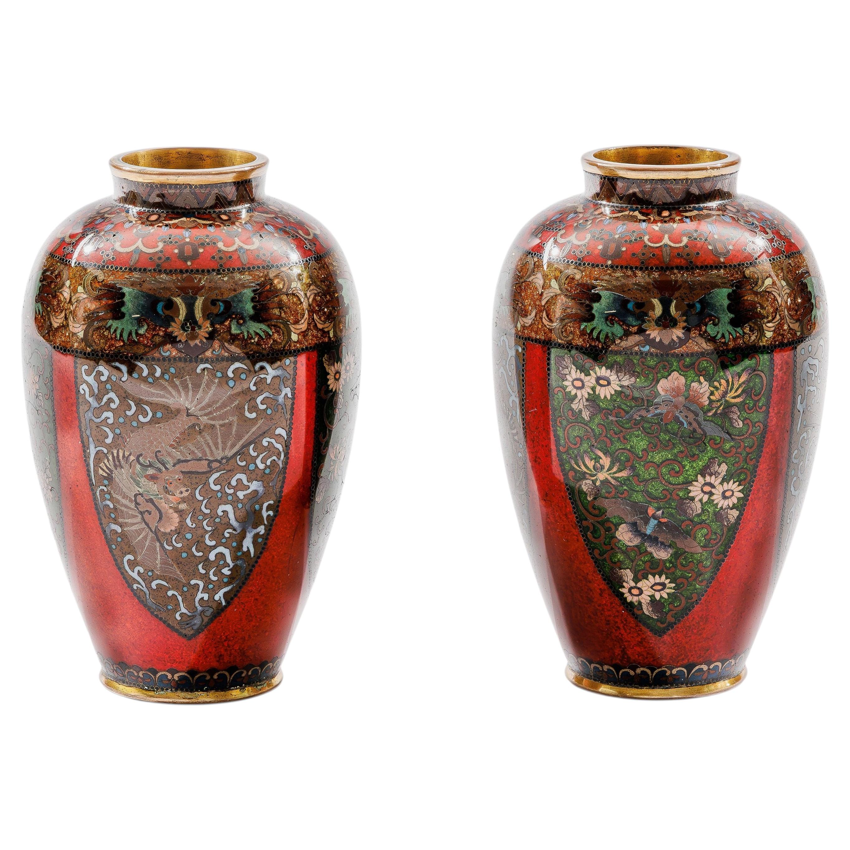 Rare Pair of Meiji Period Japanese Cloisonne Enamel Vases Red Ground Dragon
