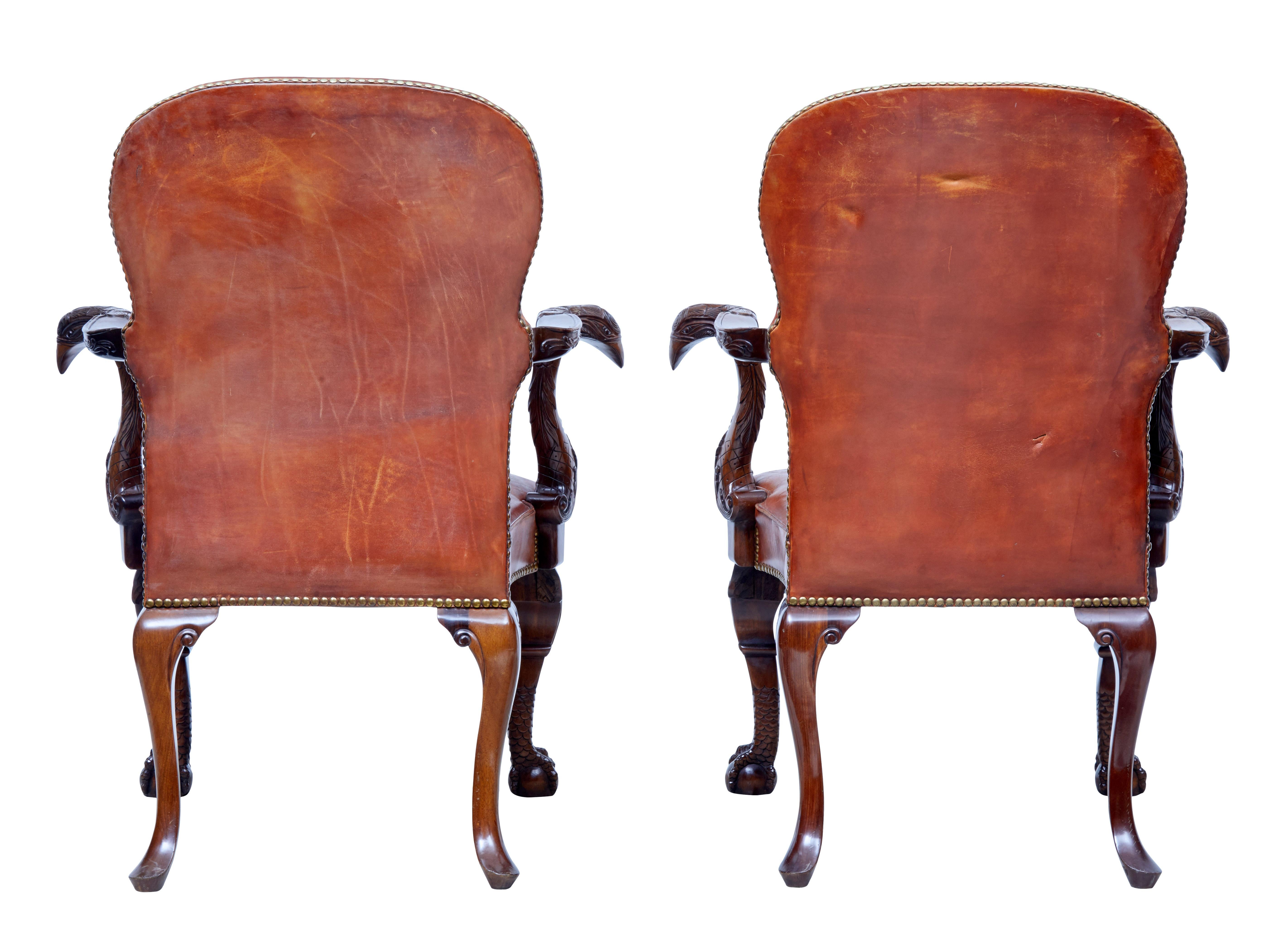 Victorian Rare Pair of Mid-20th Century Carved Mahogany Armchairs