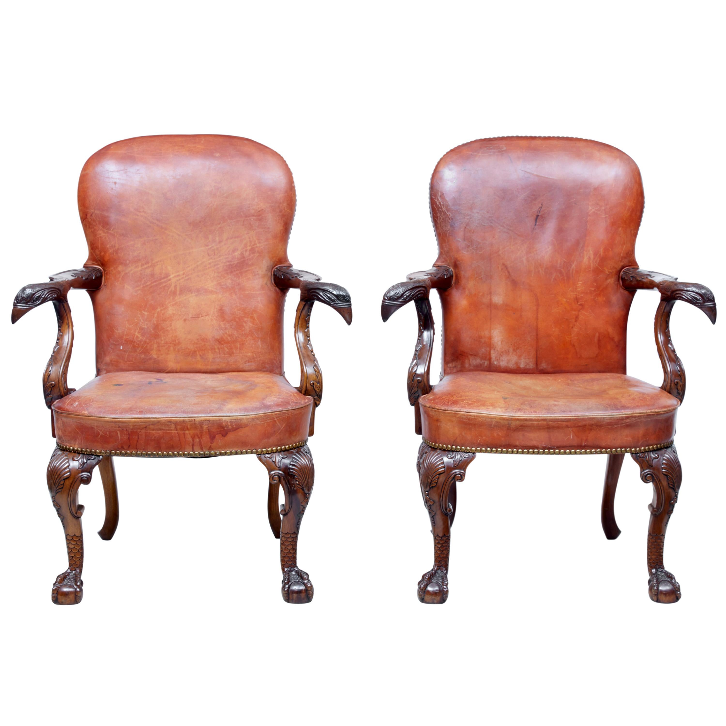 Rare Pair of Mid-20th Century Carved Mahogany Armchairs