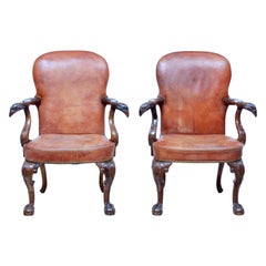 Rare Pair of Mid-20th Century Carved Mahogany Armchairs