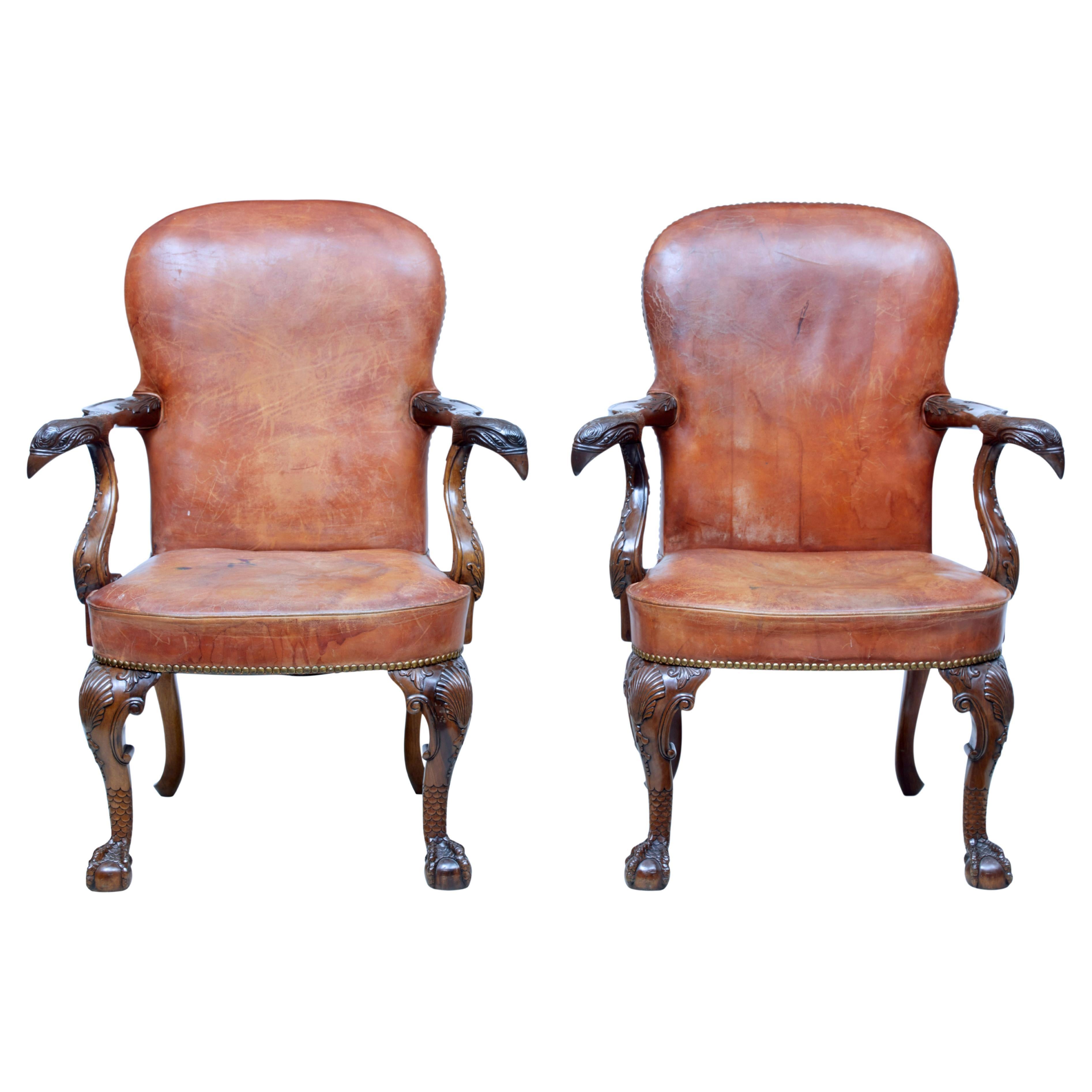 Rare Pair of Mid 20th Century Carved Mahogany Armchairs