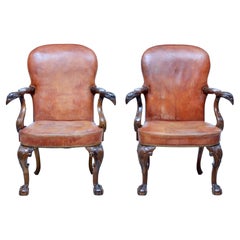 Rare Pair of Mid 20th Century Carved Mahogany Armchairs