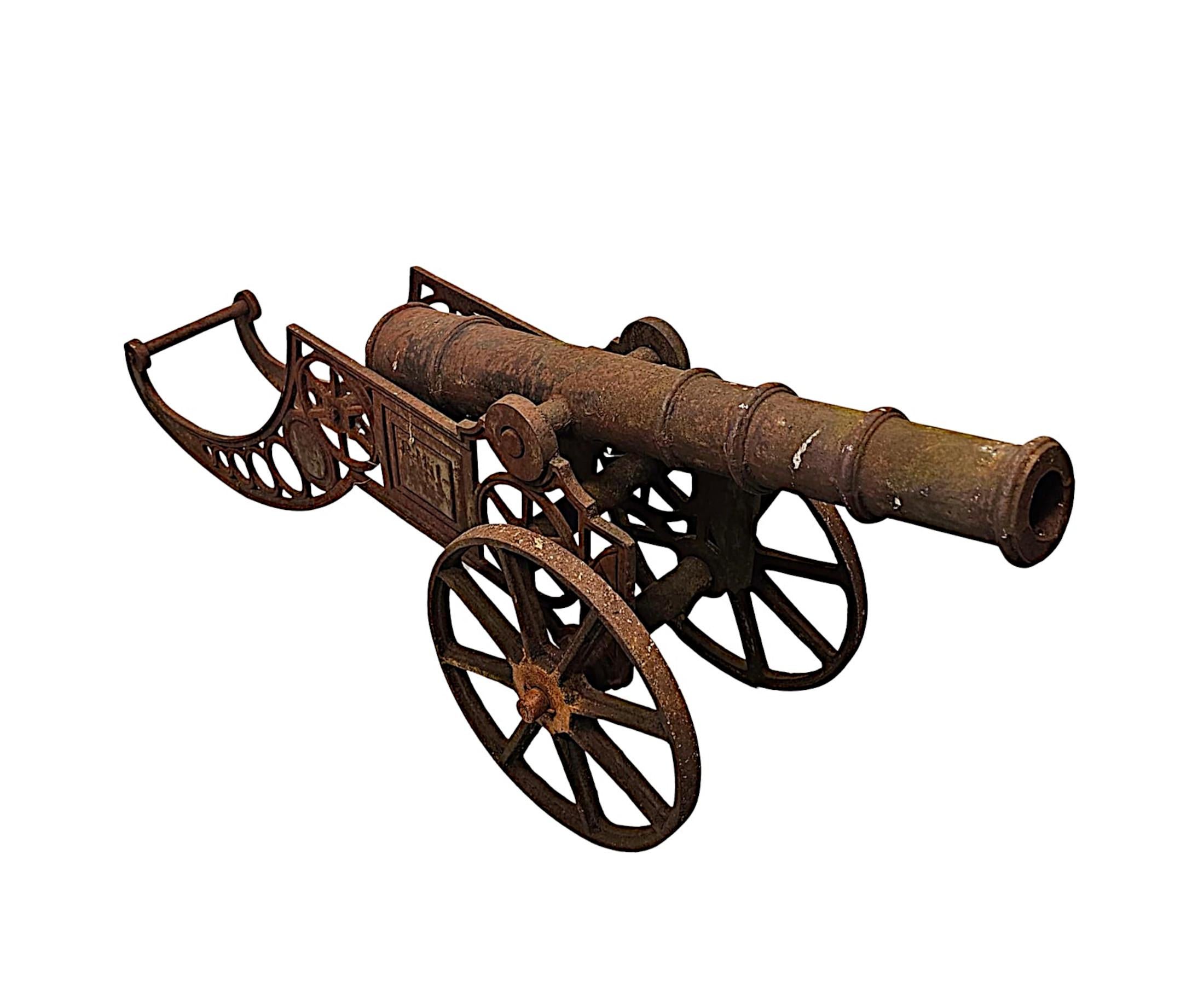 English Rare Pair of Mid 20th Century Heavy Cast Iron Garden Cannons For Sale