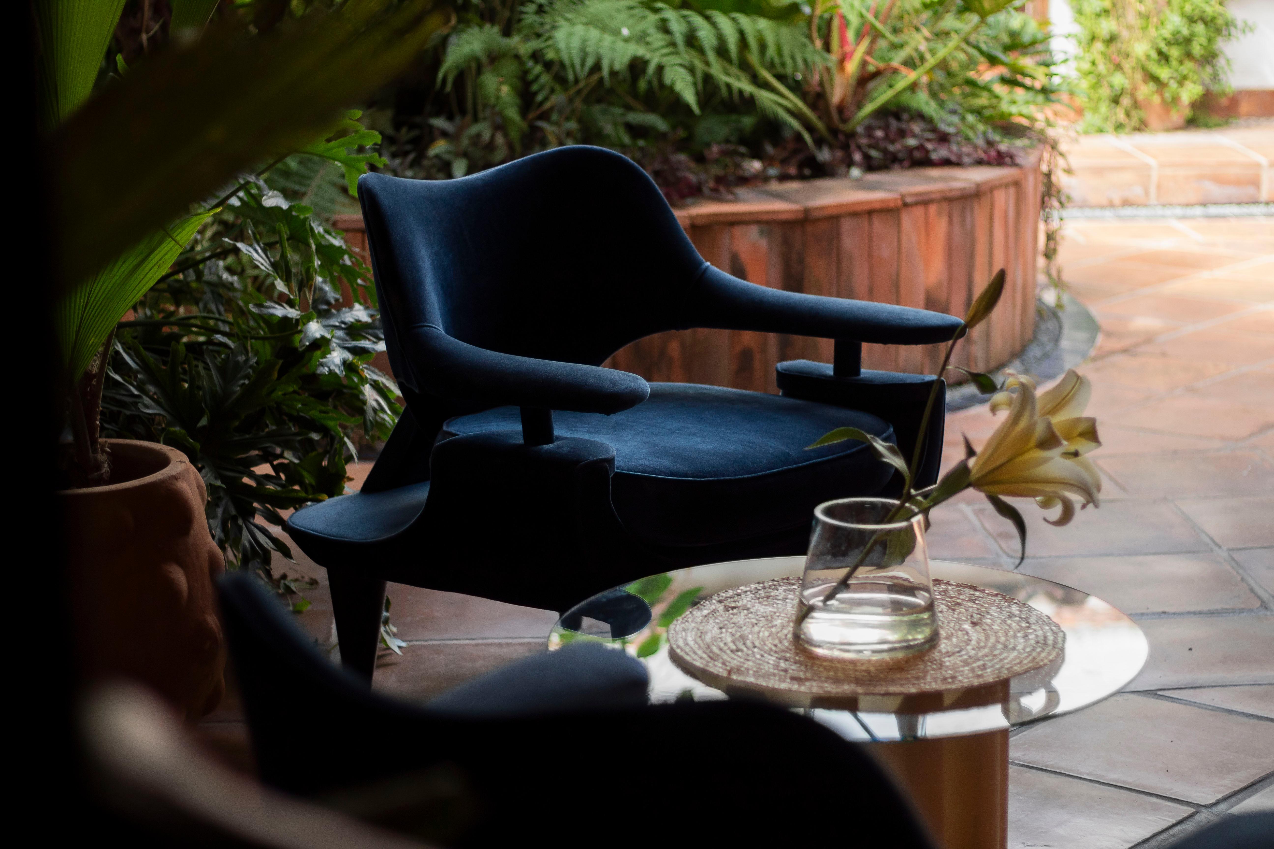 Stunning Pair of Midcentury Armchairs — Restored, Navy Blue Velveteen. For Sale 2