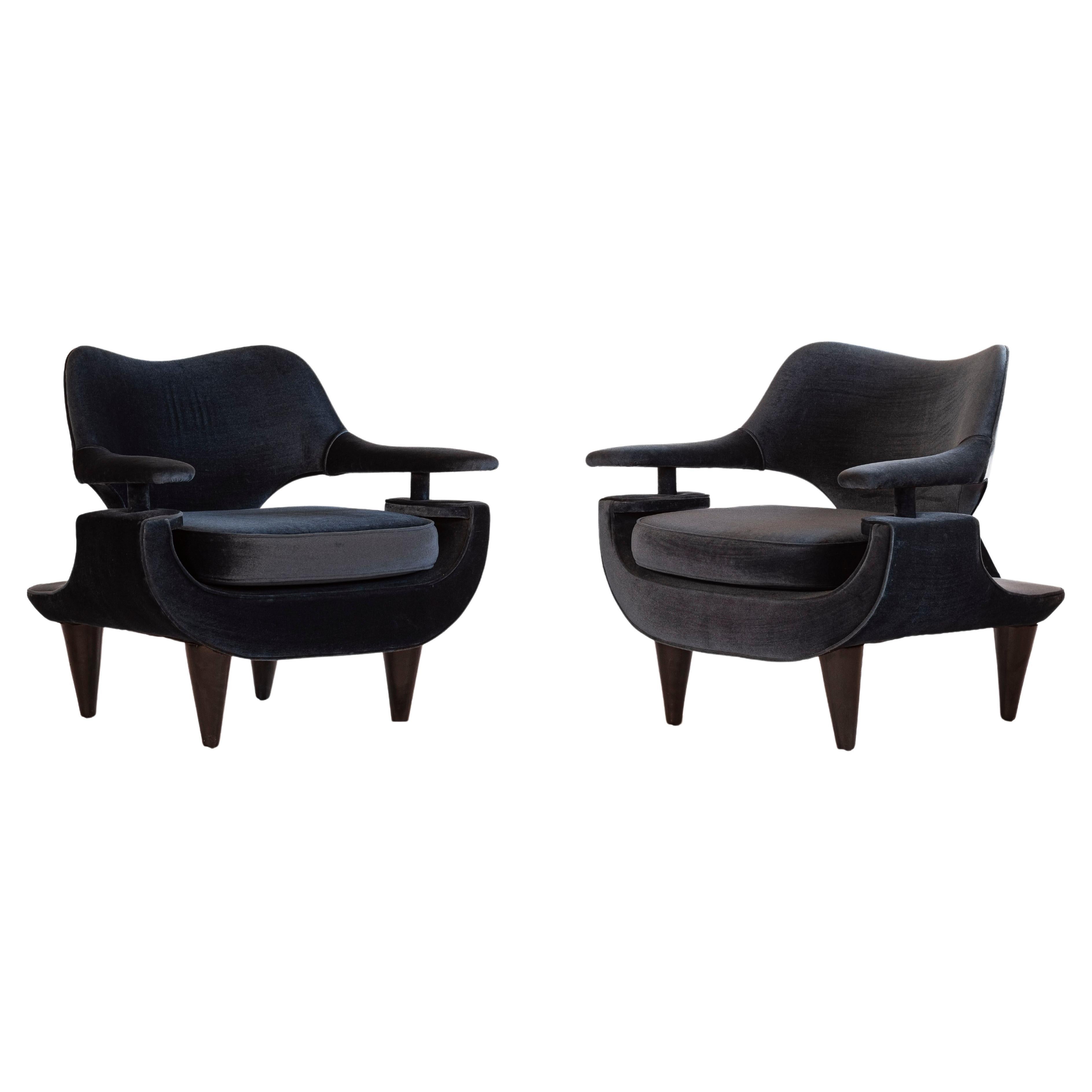 Stunning Pair of Midcentury Armchairs — Restored, Navy Blue Velveteen. For Sale