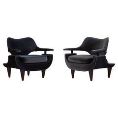 Vintage Stunning Pair of Midcentury Armchairs — Restored, Navy Blue Velveteen.